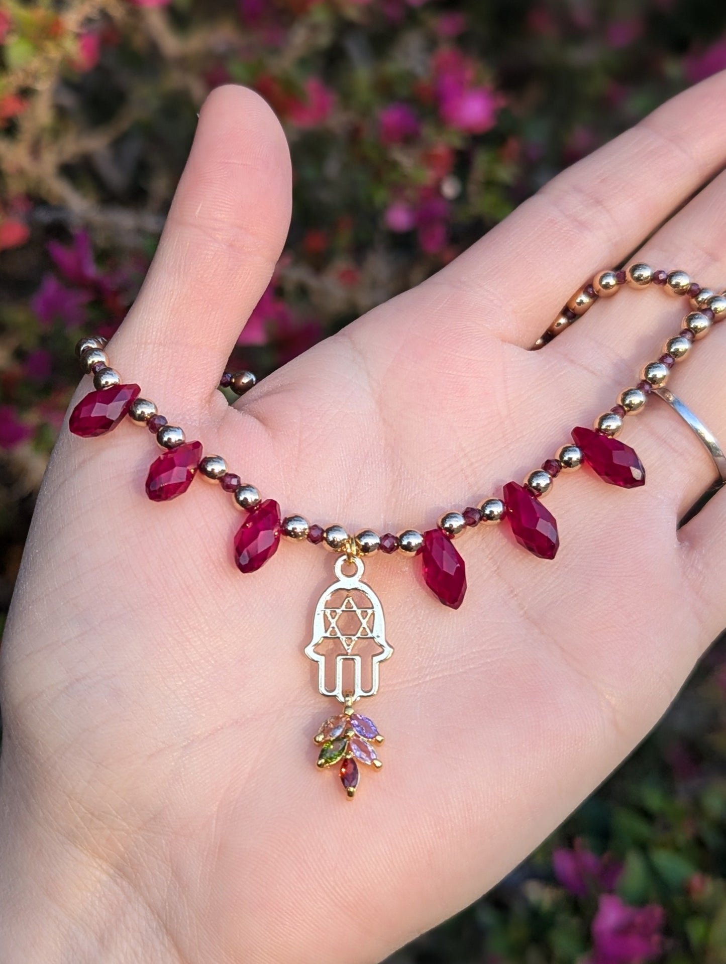 Garnet Gemstones, Hamsa Magen David, Red Drops and Multicoloured Zirconia Leaf