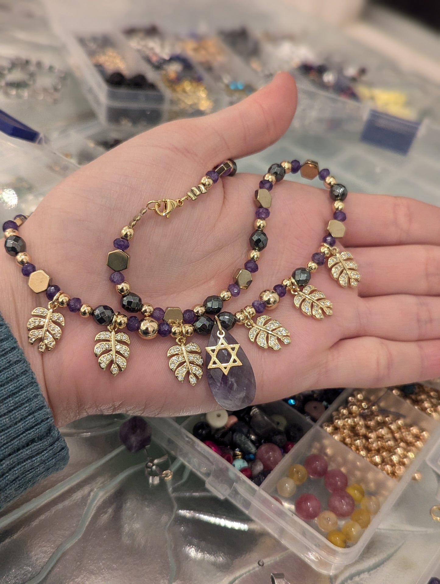 Amethyst, Gold Plated Zirconia Leaves Handmade Star of David Necklace