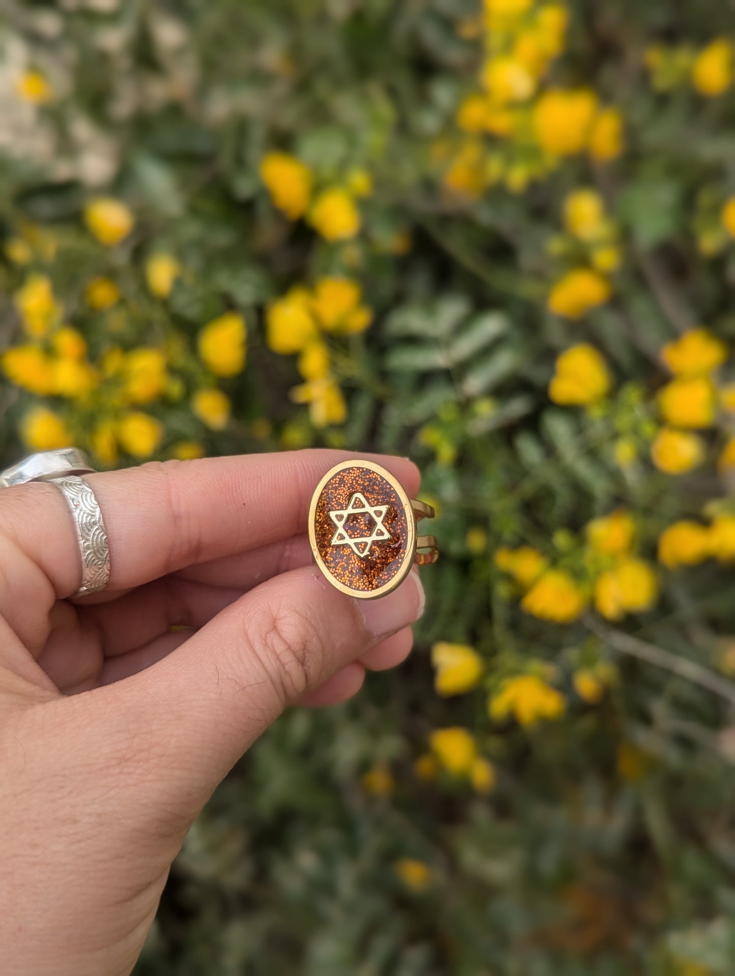 Orange Gold Magen David Adjustable Resin Stainless Steel Ring