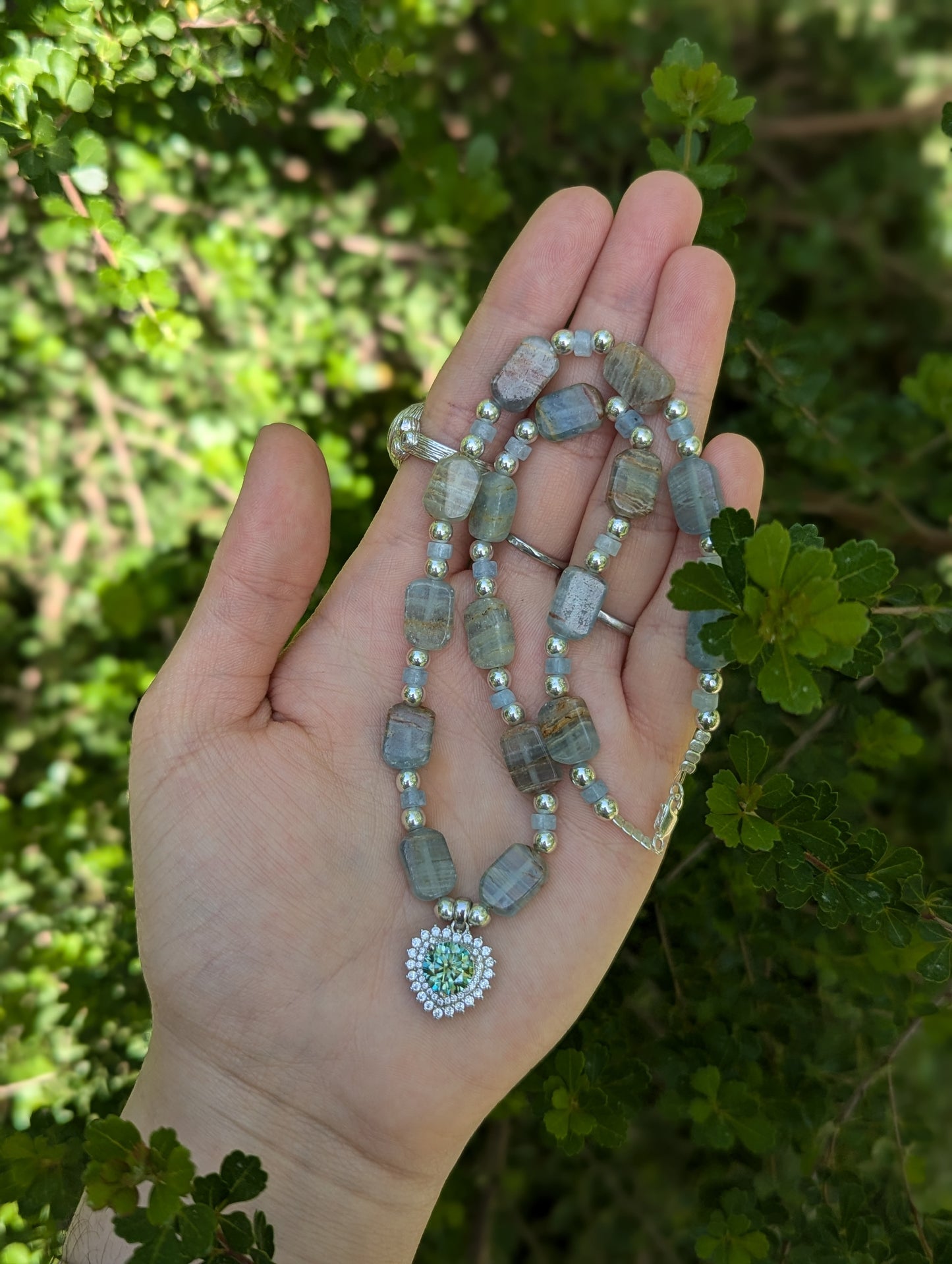 Moissanite Sterling Silver Green Blue Heart and Aquamarine Gemstones