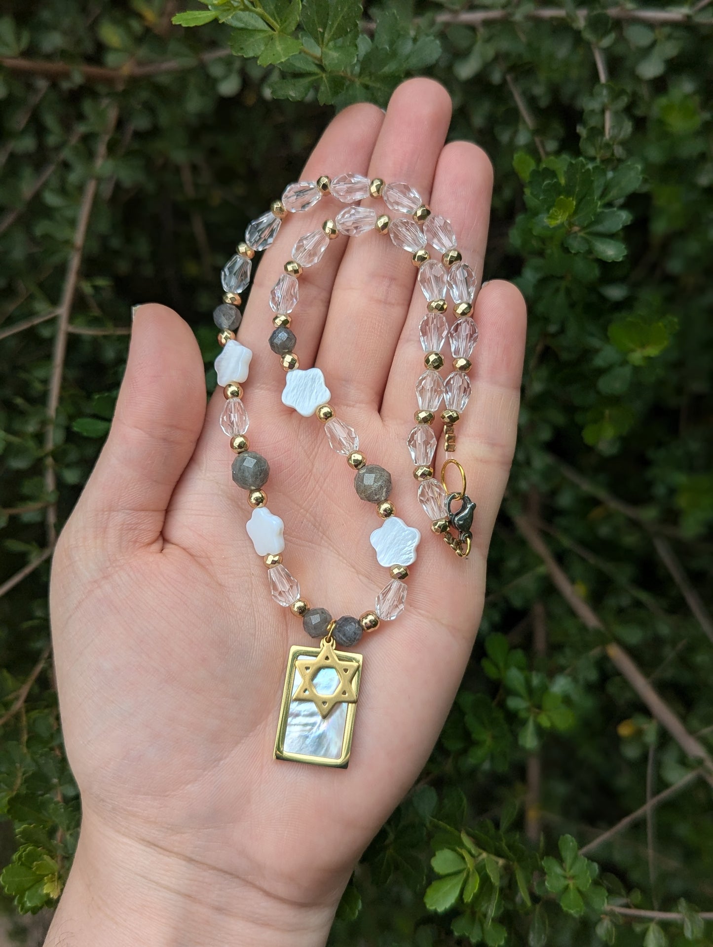 Mother of Shell Gold Plated Pendant and Flower Beads, Magen David, Labradorite Gemstones and Glass Drop Beaded Necklace