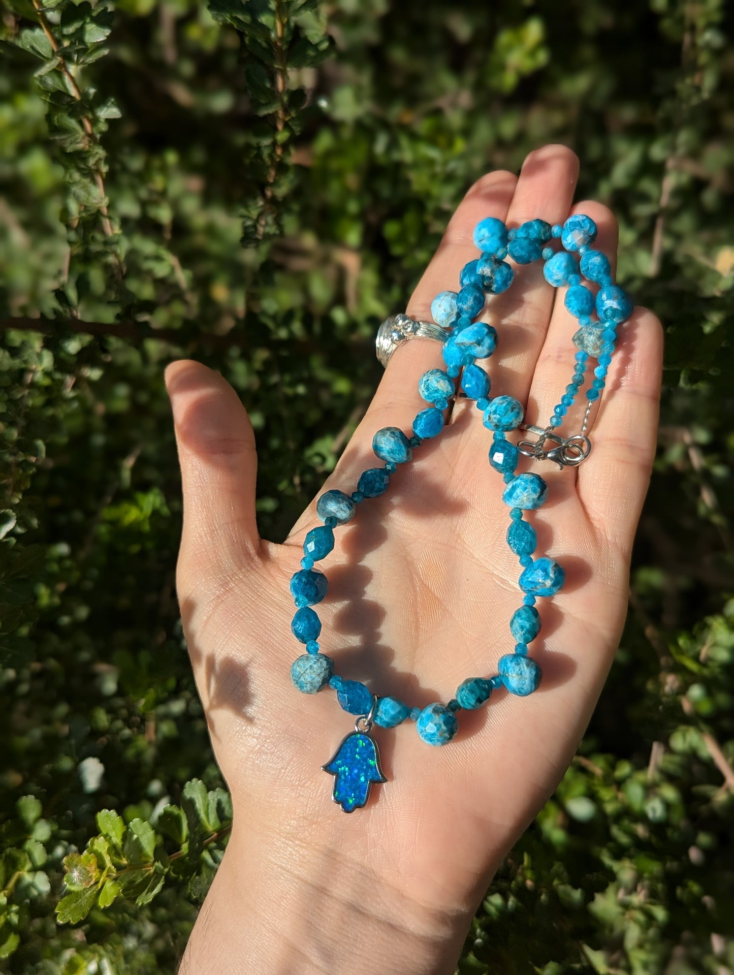 Apatite Gemstones Necklace with Blue Opal Styled Hamsa