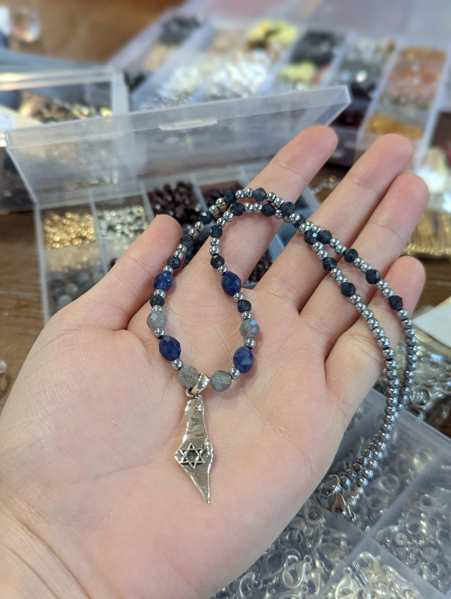 Sterling Silver Eretz Israel Pendant with Grey and Blue Gemstones