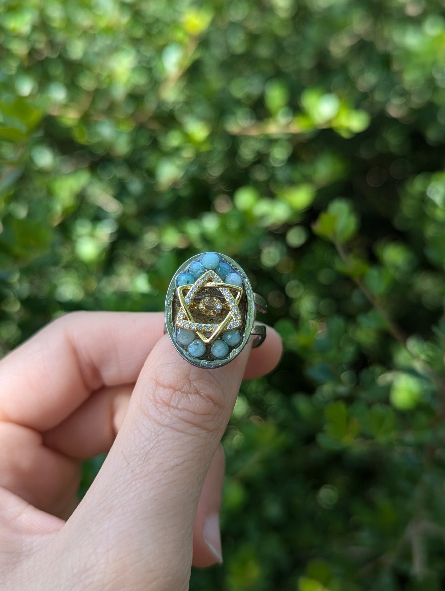 Zirconia Golden Magen David Amazonite and Israeli Sand Adjustable Ring