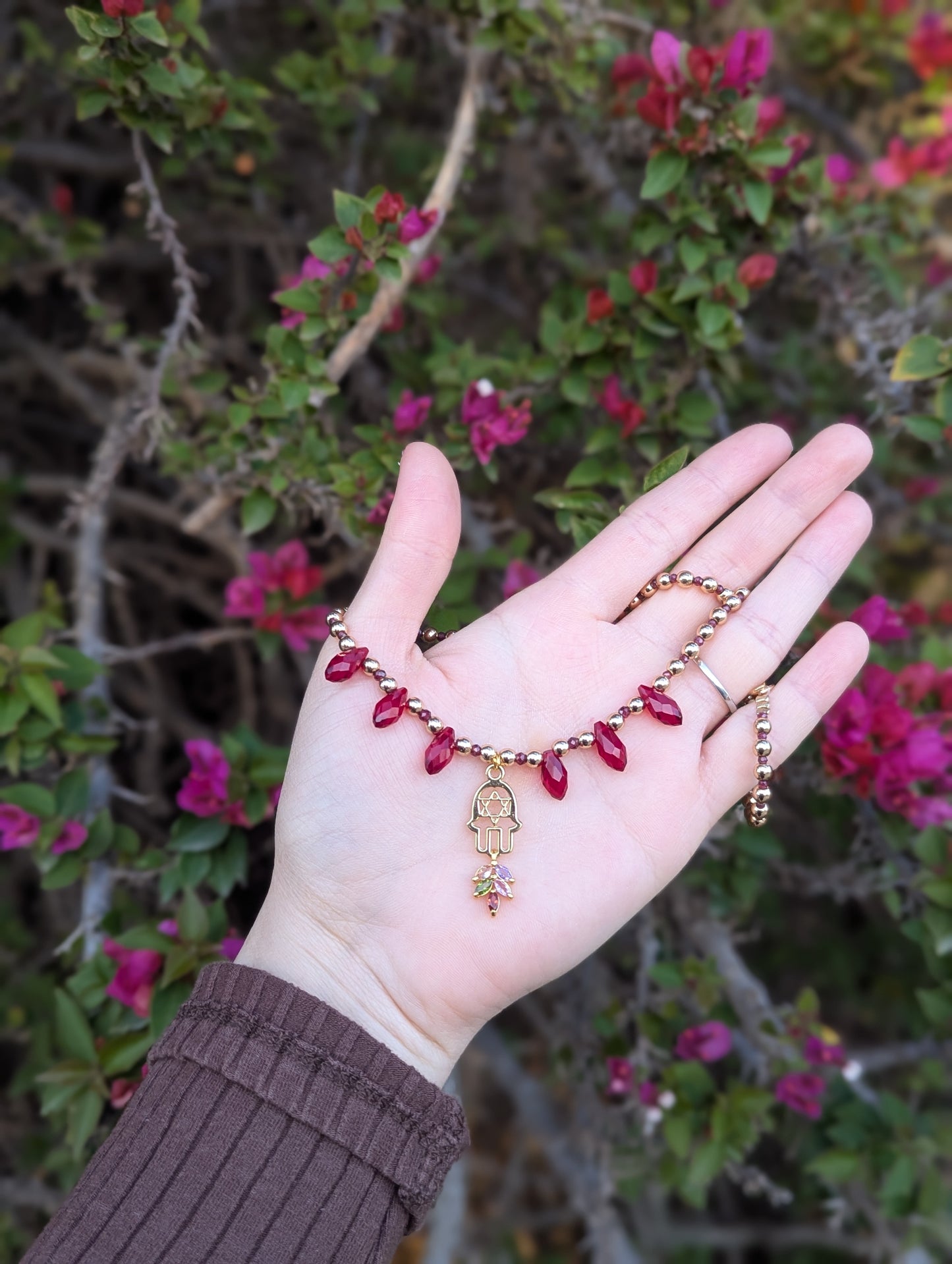 Garnet Gemstones, Hamsa Magen David, Red Drops and Multicoloured Zirconia Leaf