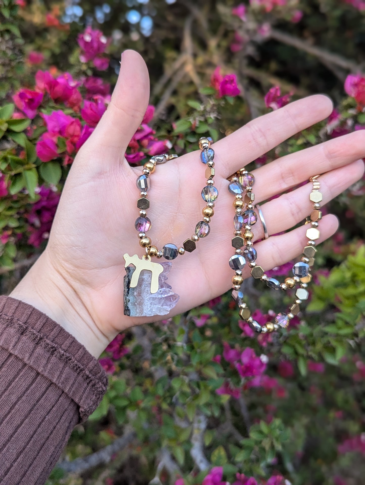 Gold Chai and Amethyst Cluster Long Beaded Necklace
