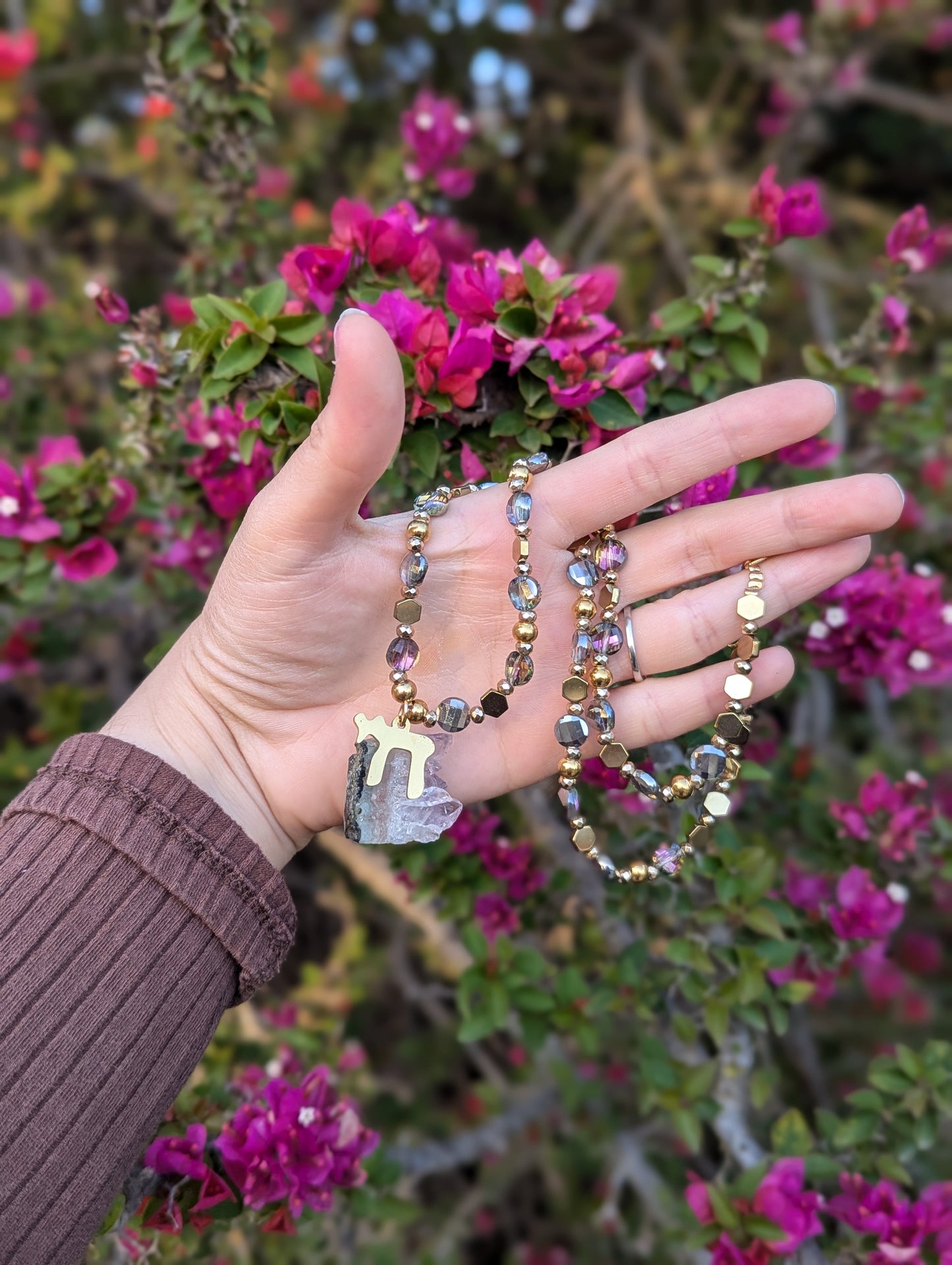 Gold Chai and Amethyst Cluster Long Beaded Necklace