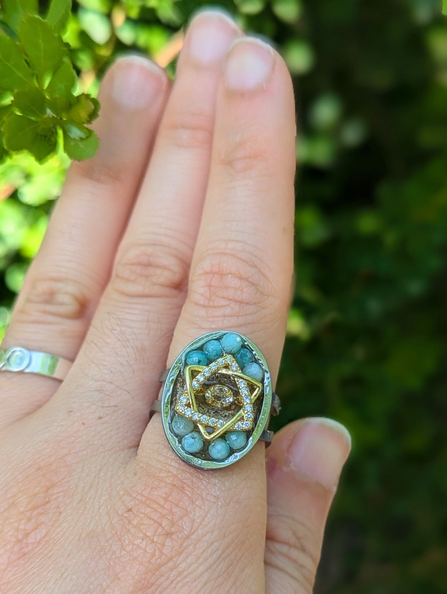 Zirconia Golden Magen David Amazonite and Israeli Sand Adjustable Ring