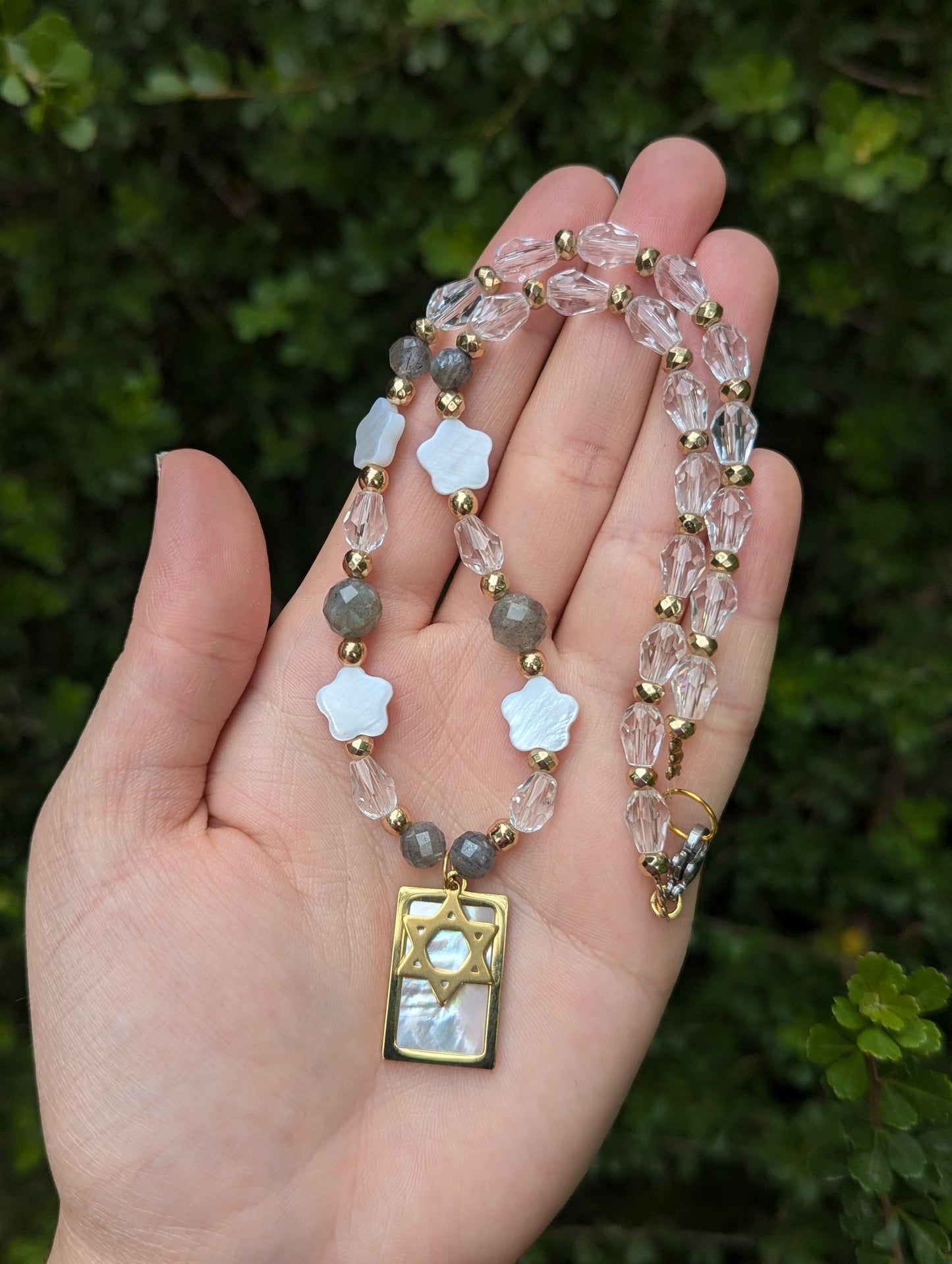 Mother of Shell Gold Plated Pendant and Flower Beads, Magen David, Labradorite Gemstones and Glass Drop Beaded Necklace