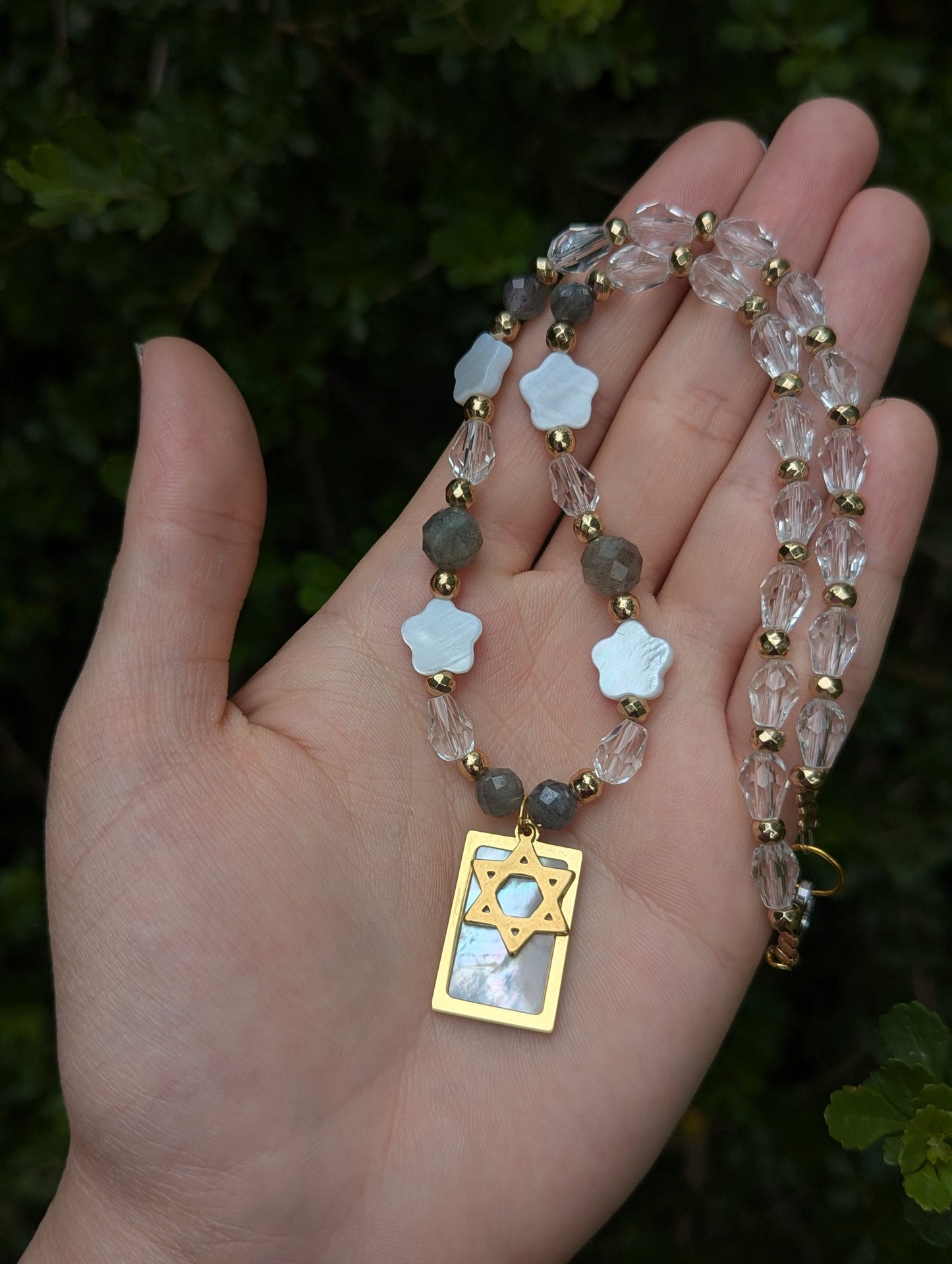 Mother of Shell Gold Plated Pendant and Flower Beads, Magen David, Labradorite Gemstones and Glass Drop Beaded Necklace