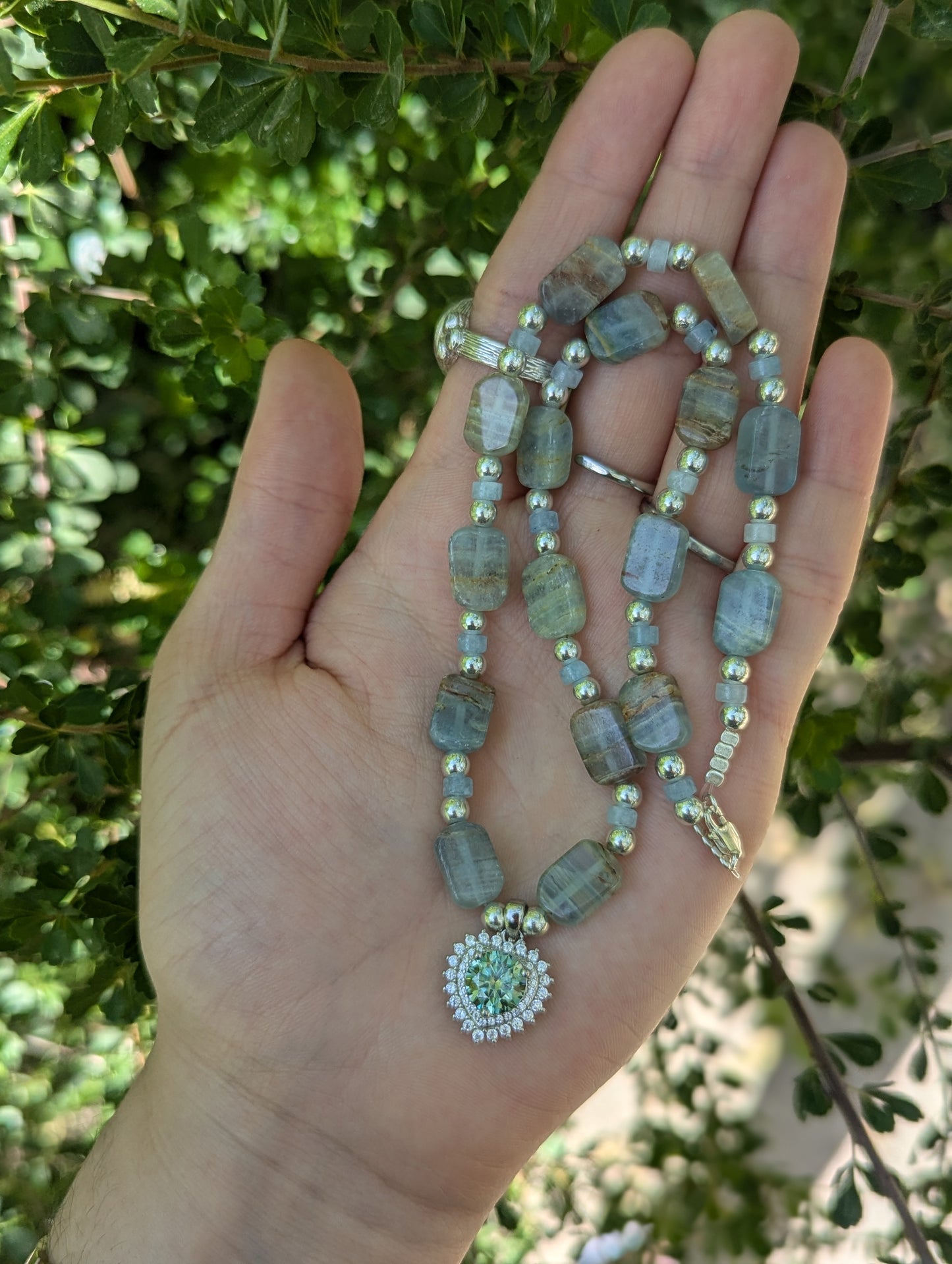 Moissanite Sterling Silver Green Blue Heart and Aquamarine Gemstones