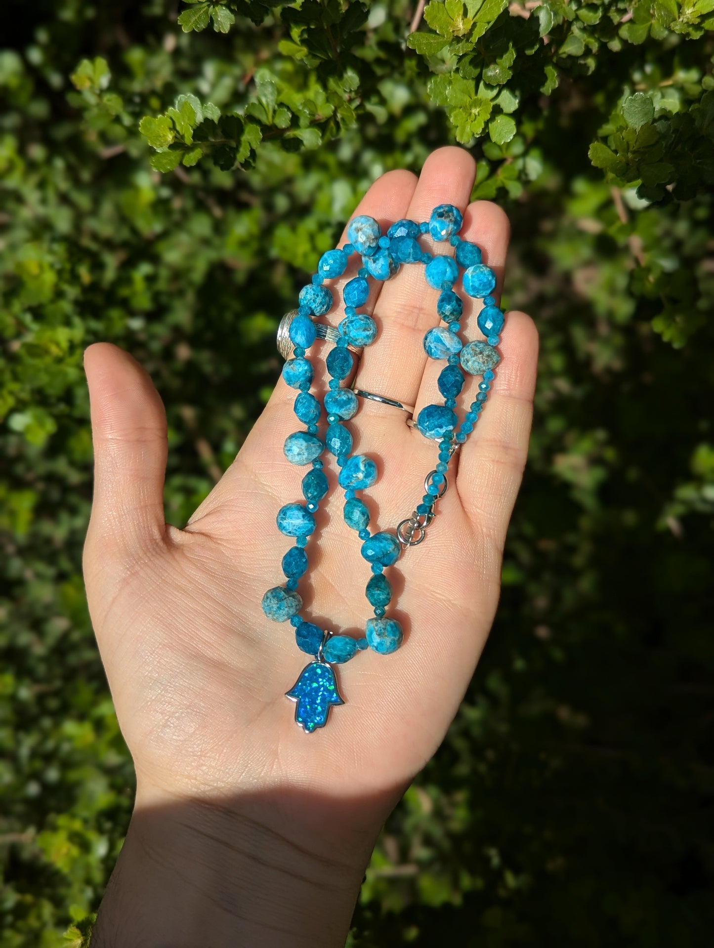 Apatite Gemstones Necklace with Blue Opal Styled Hamsa