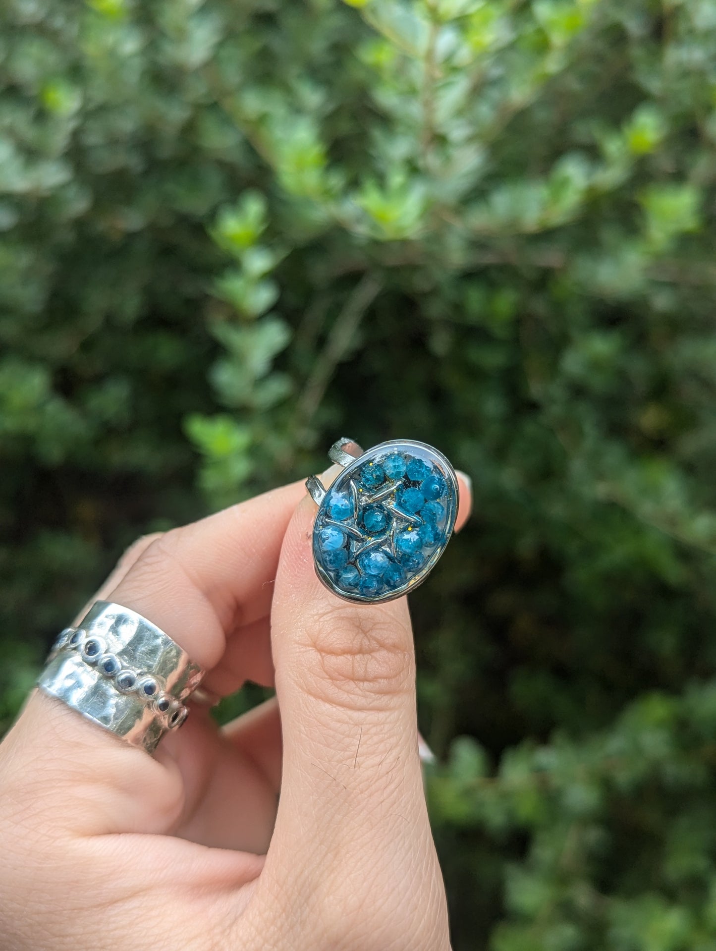 Sterling Silver Magen David, Stainless Steel Ring with Apatite Blue Gemstones