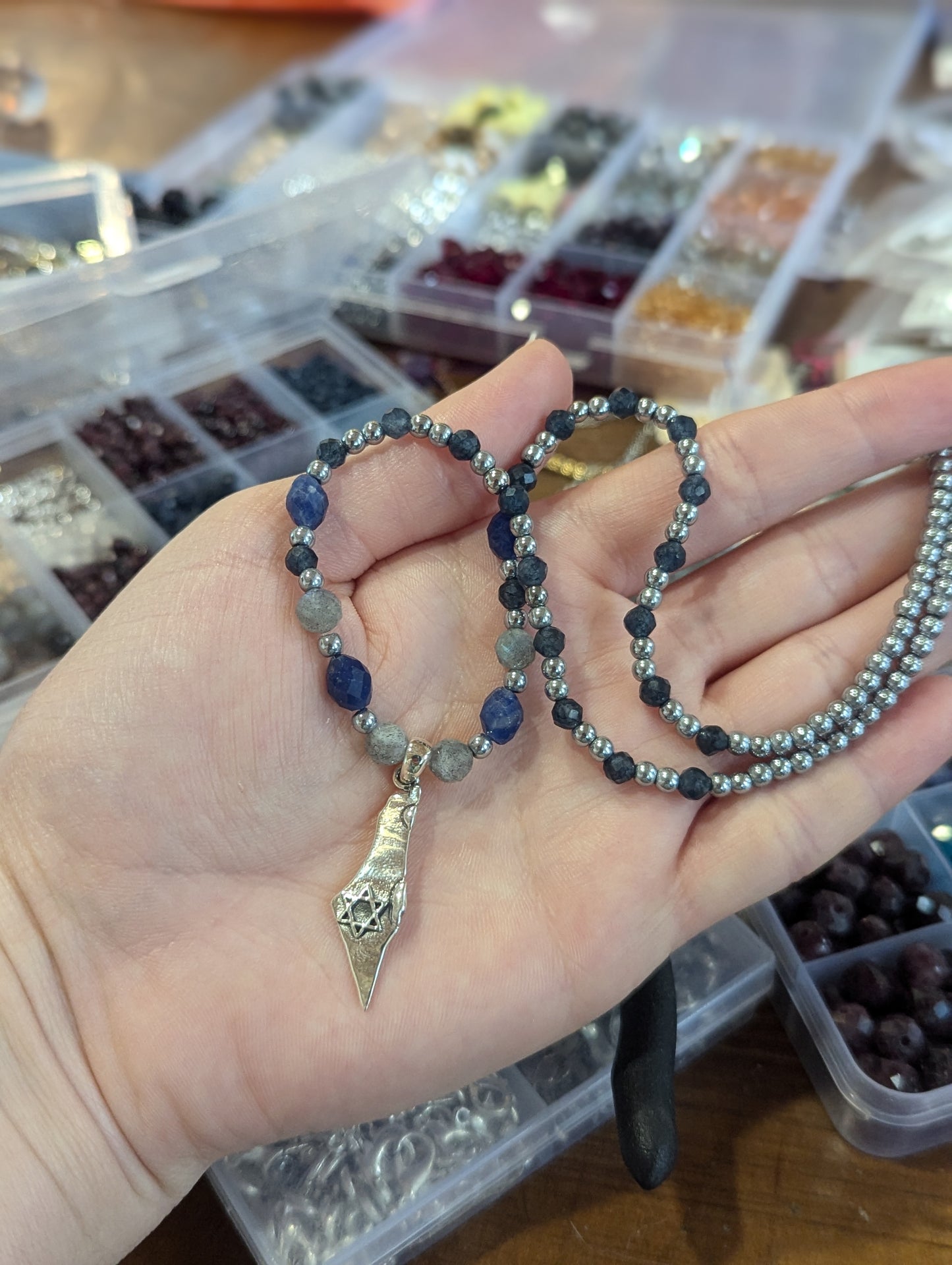 Sterling Silver Eretz Israel Pendant with Grey and Blue Gemstones