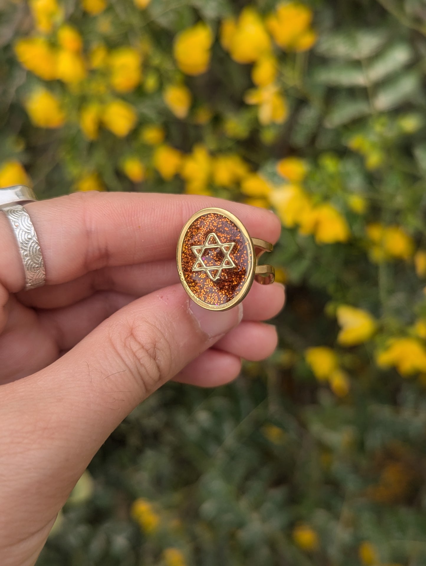 Orange Gold Magen David Adjustable Resin Stainless Steel Ring
