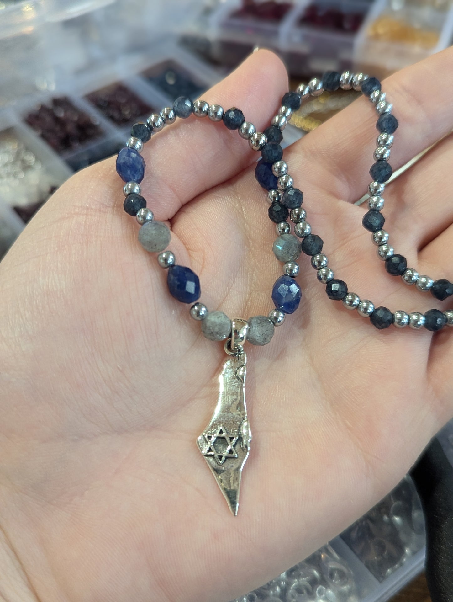 Sterling Silver Eretz Israel Pendant with Grey and Blue Gemstones