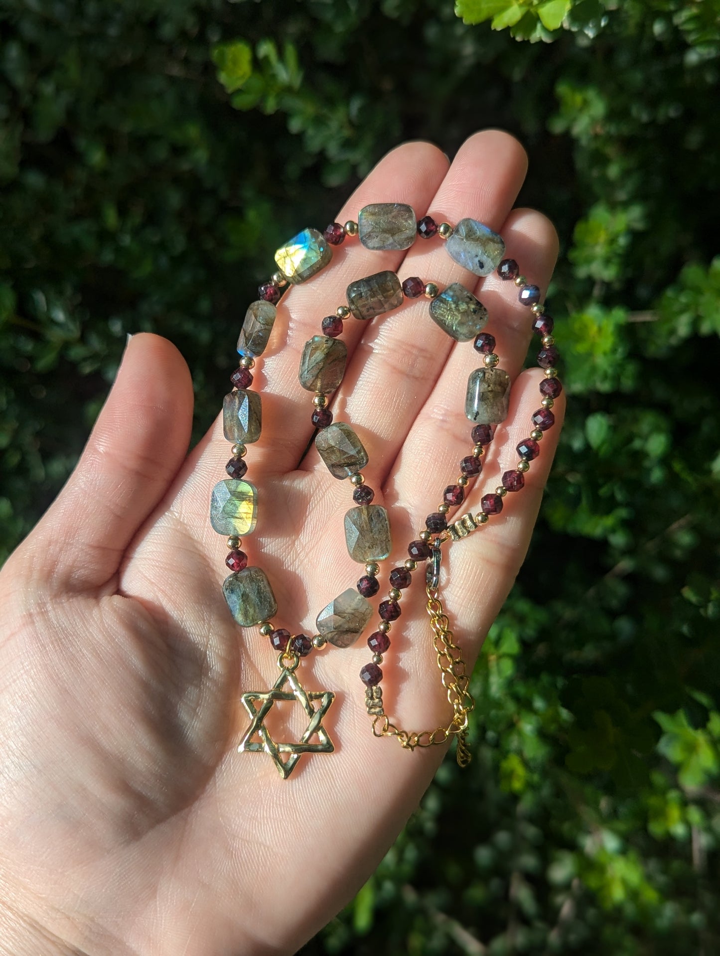 Mesmerizing Garnet and Labradorite Gemstones with a Gold Plated Star of David
