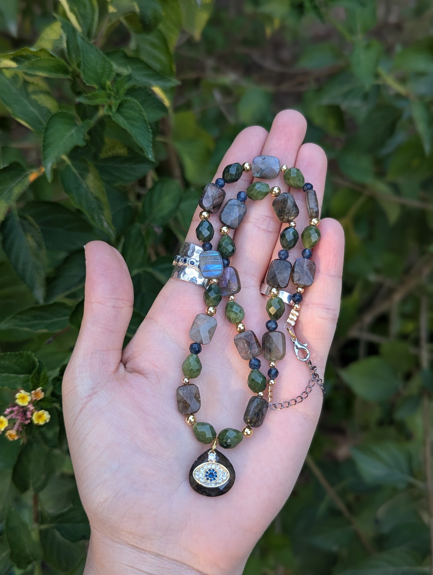 Gold Plated Evil Eye, Labradorite and Jasper Gemstones Beaded Necklace