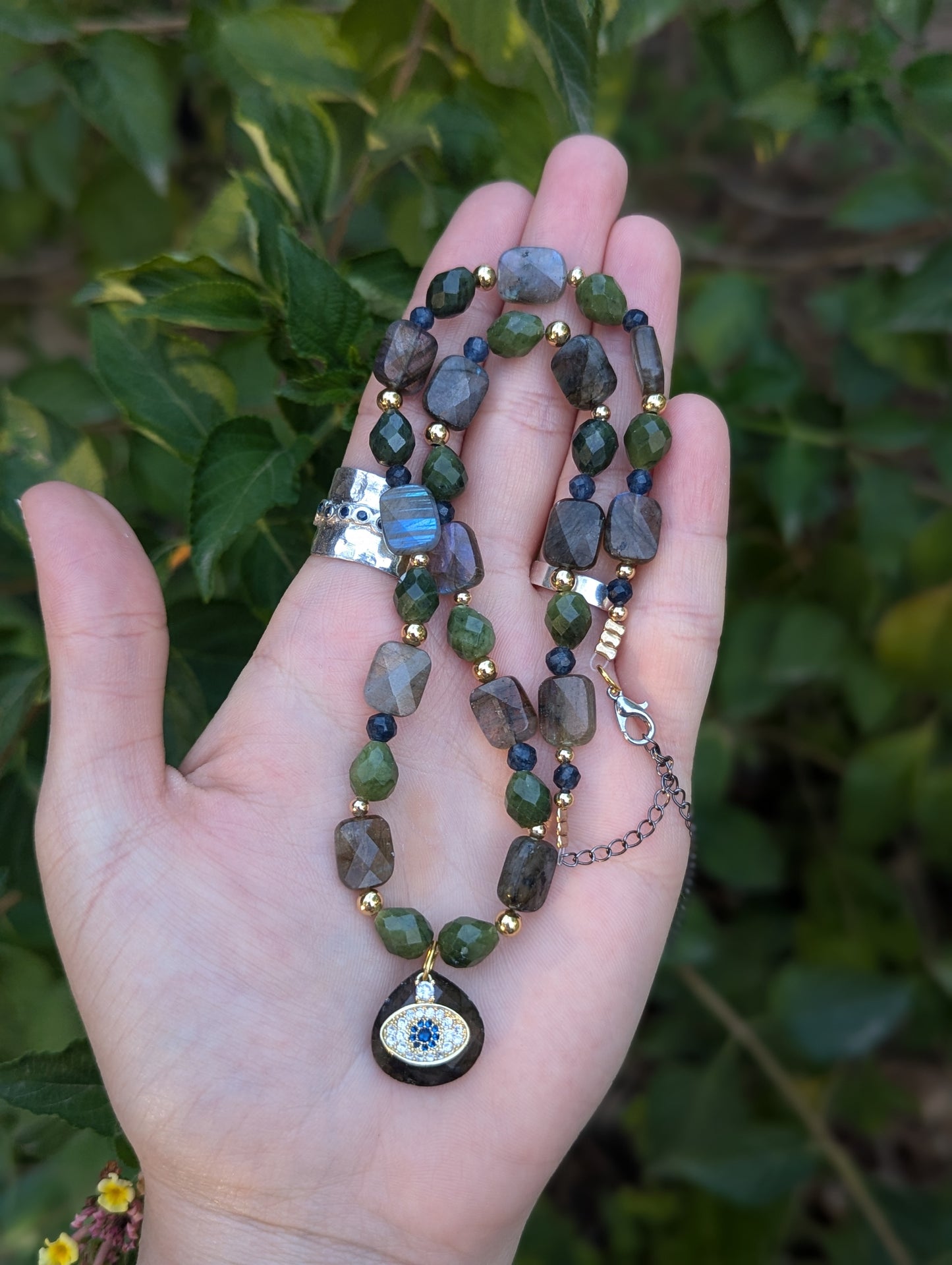 Gold Plated Evil Eye, Labradorite and Jasper Gemstones Beaded Necklace