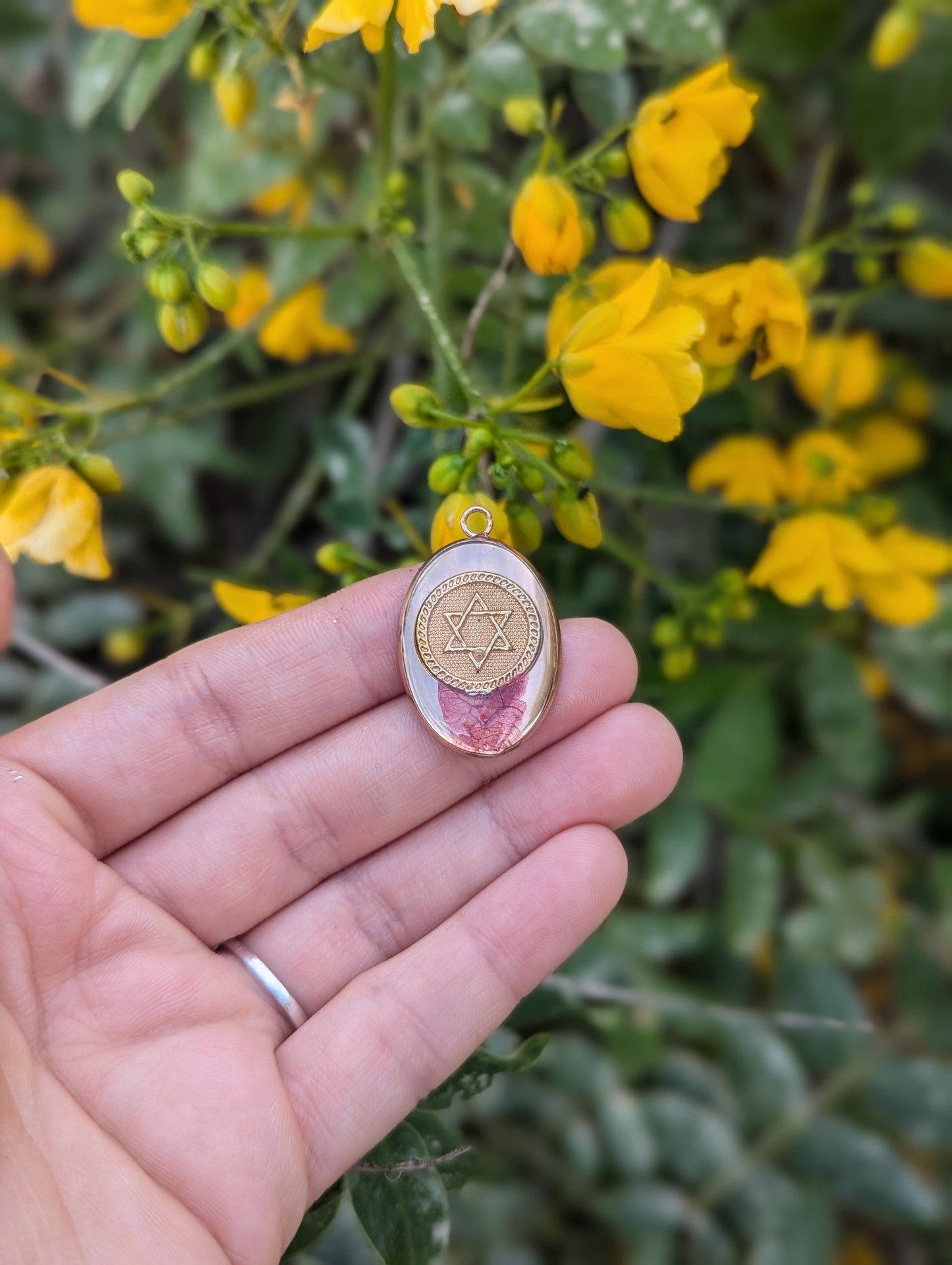 Ahava Pendant with Pink Israeli Flower and Magen David Coin