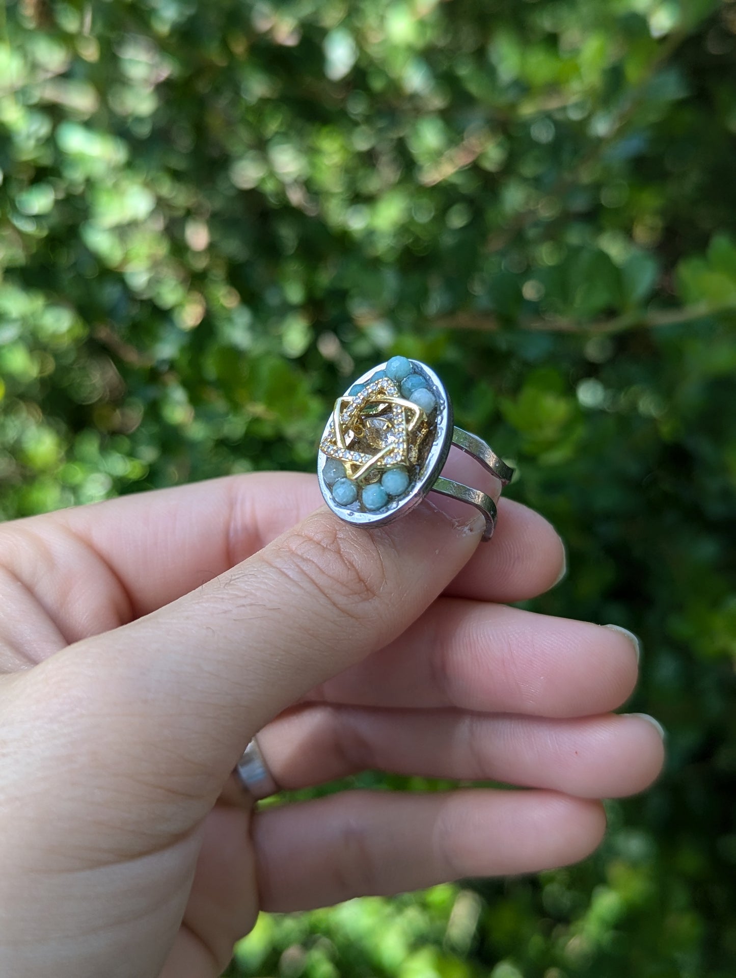 Zirconia Golden Magen David Amazonite and Israeli Sand Adjustable Ring