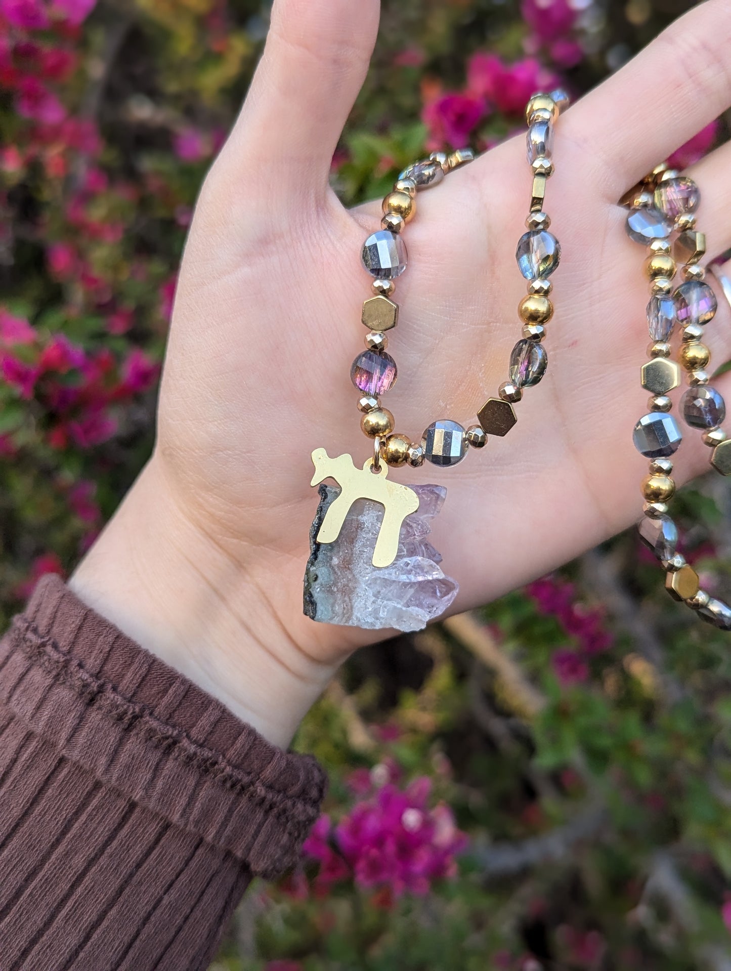 Gold Chai and Amethyst Cluster Long Beaded Necklace