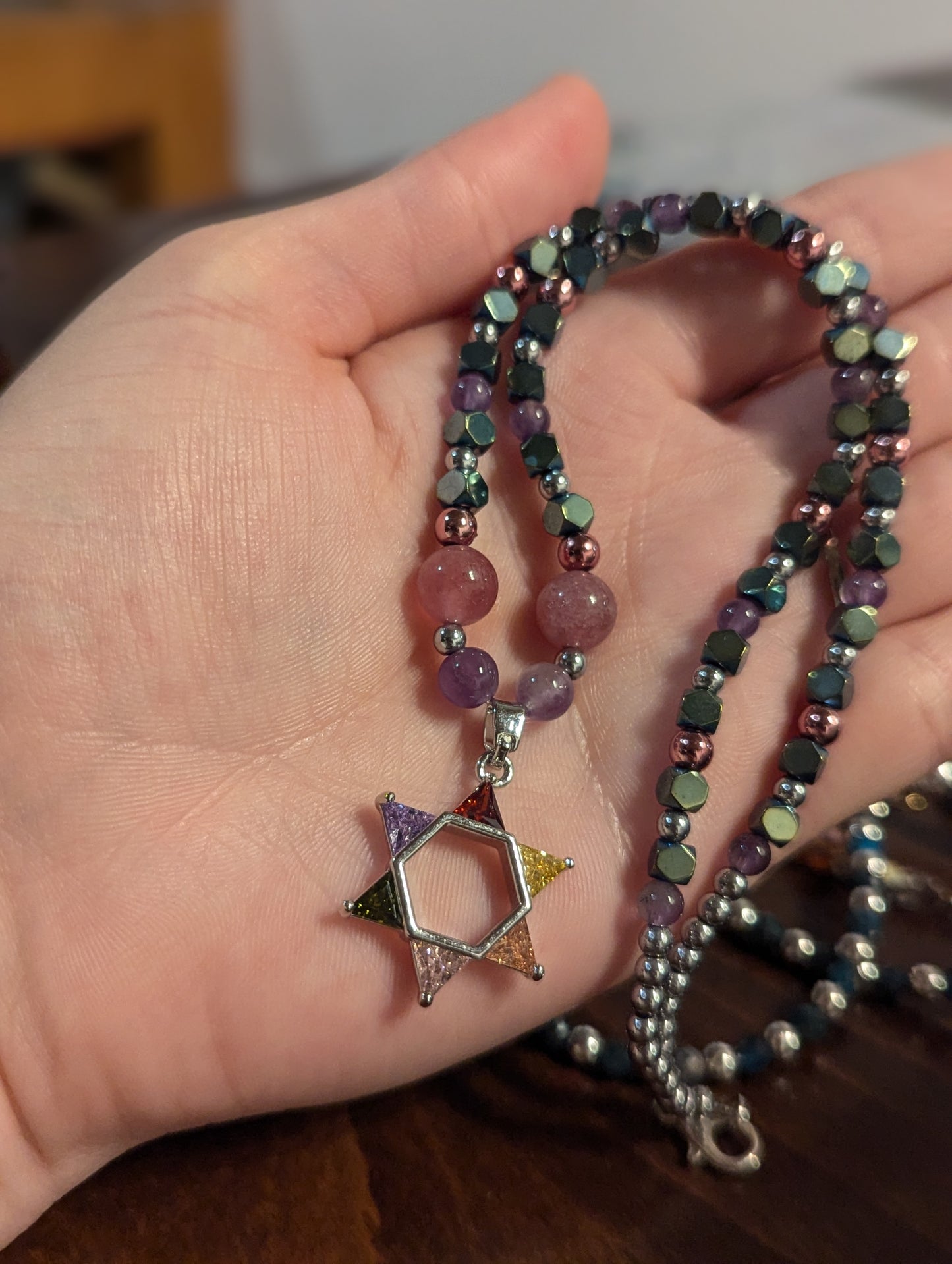 Colorful Zirconia Magen David with Amethyst and Strawberry Quartz