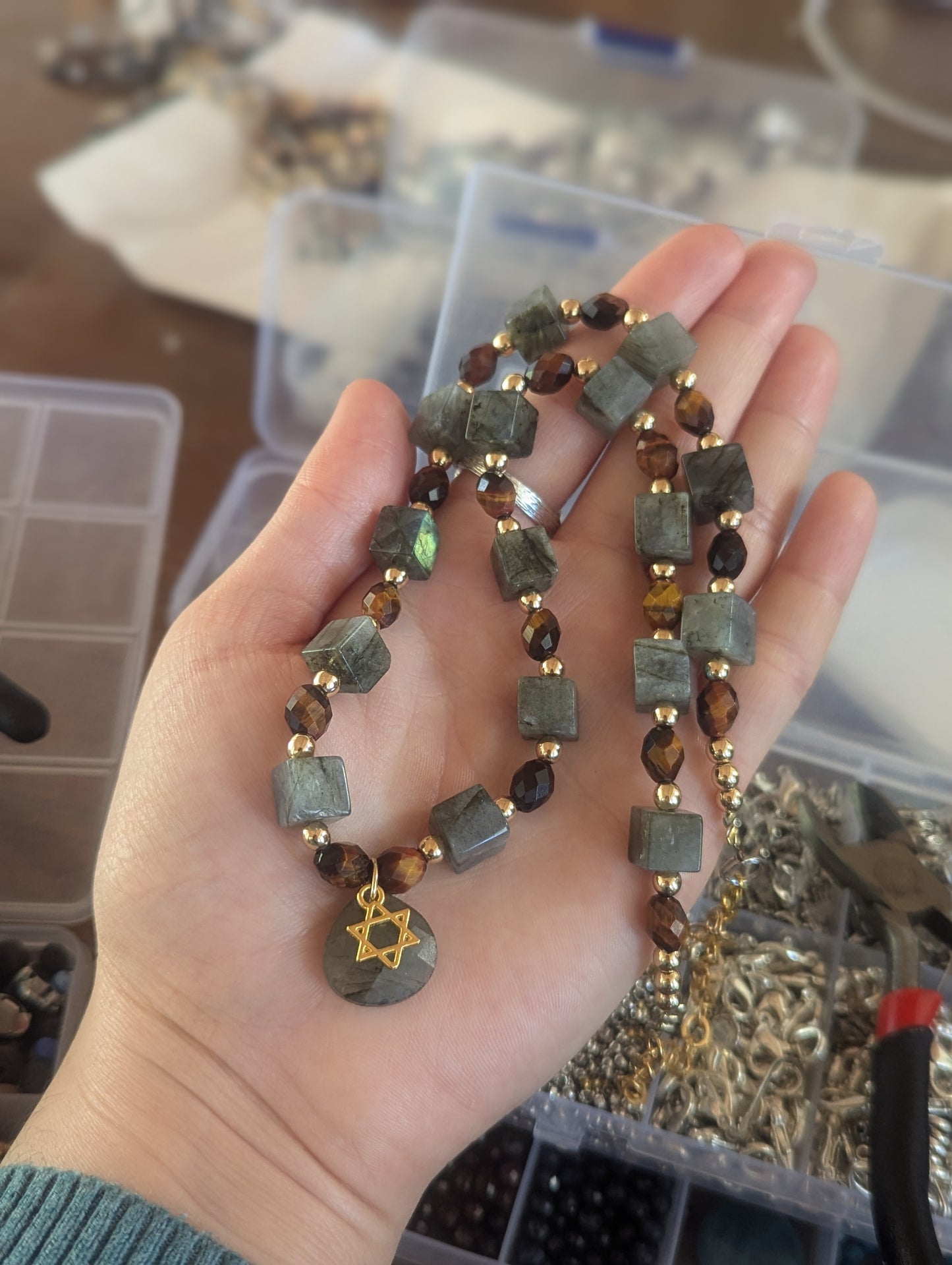 Labradorite Cubes and Tiger's Eye Star of David Necklace