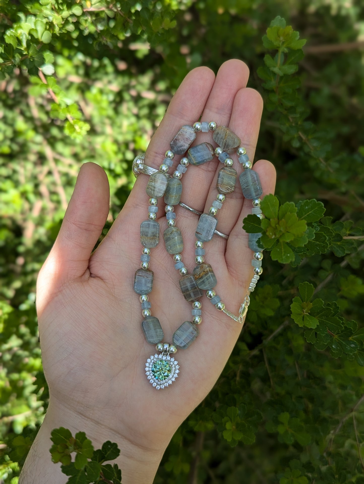 Moissanite Sterling Silver Green Blue Heart and Aquamarine Gemstones