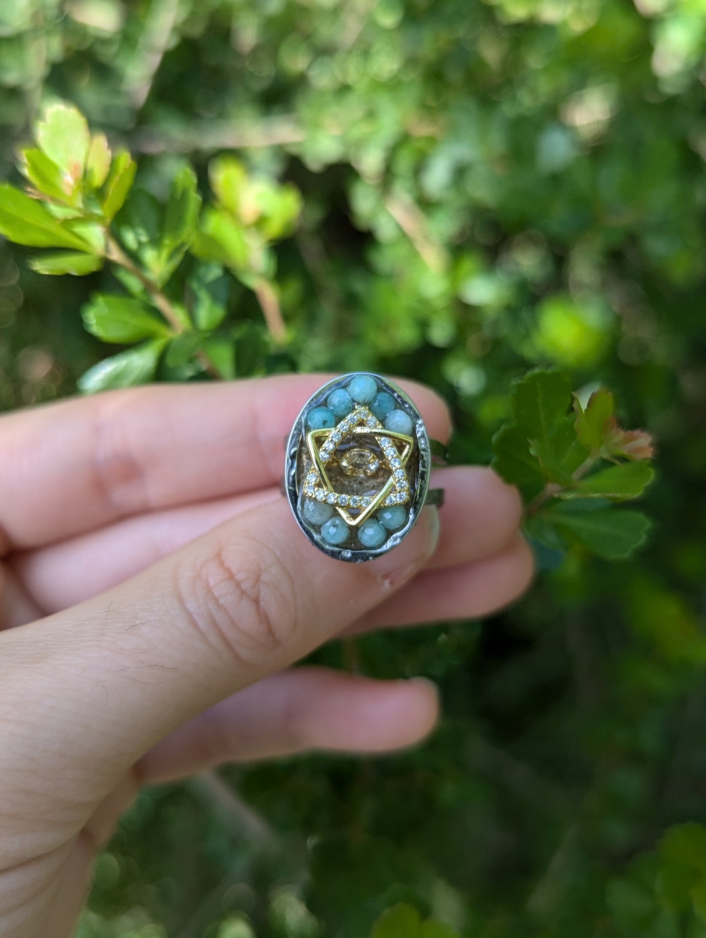 Zirconia Golden Magen David Amazonite and Israeli Sand Adjustable Ring