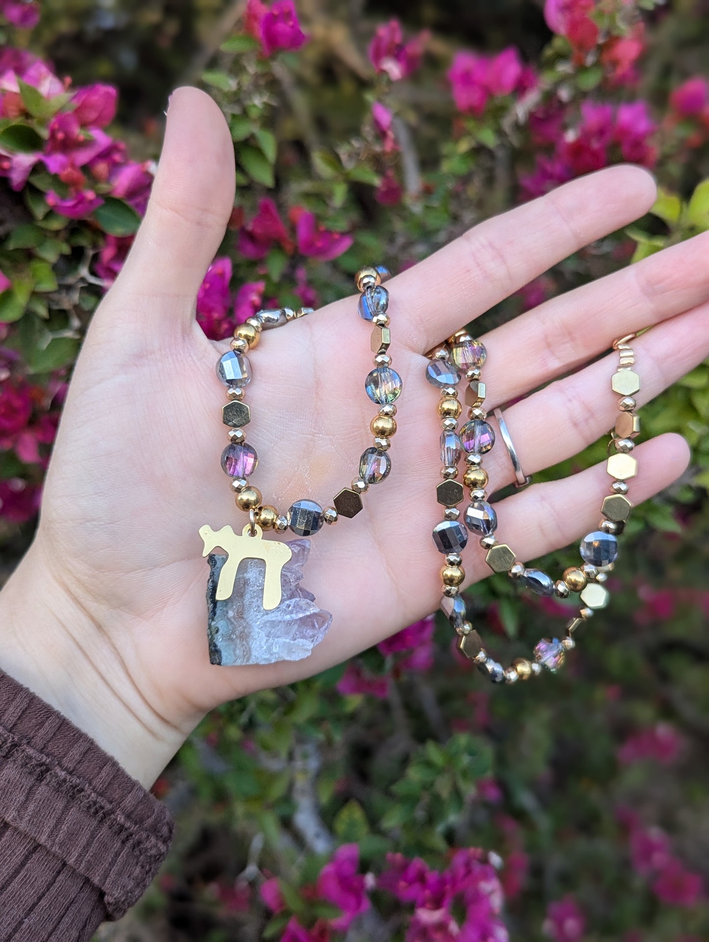 Gold Chai and Amethyst Cluster Long Beaded Necklace