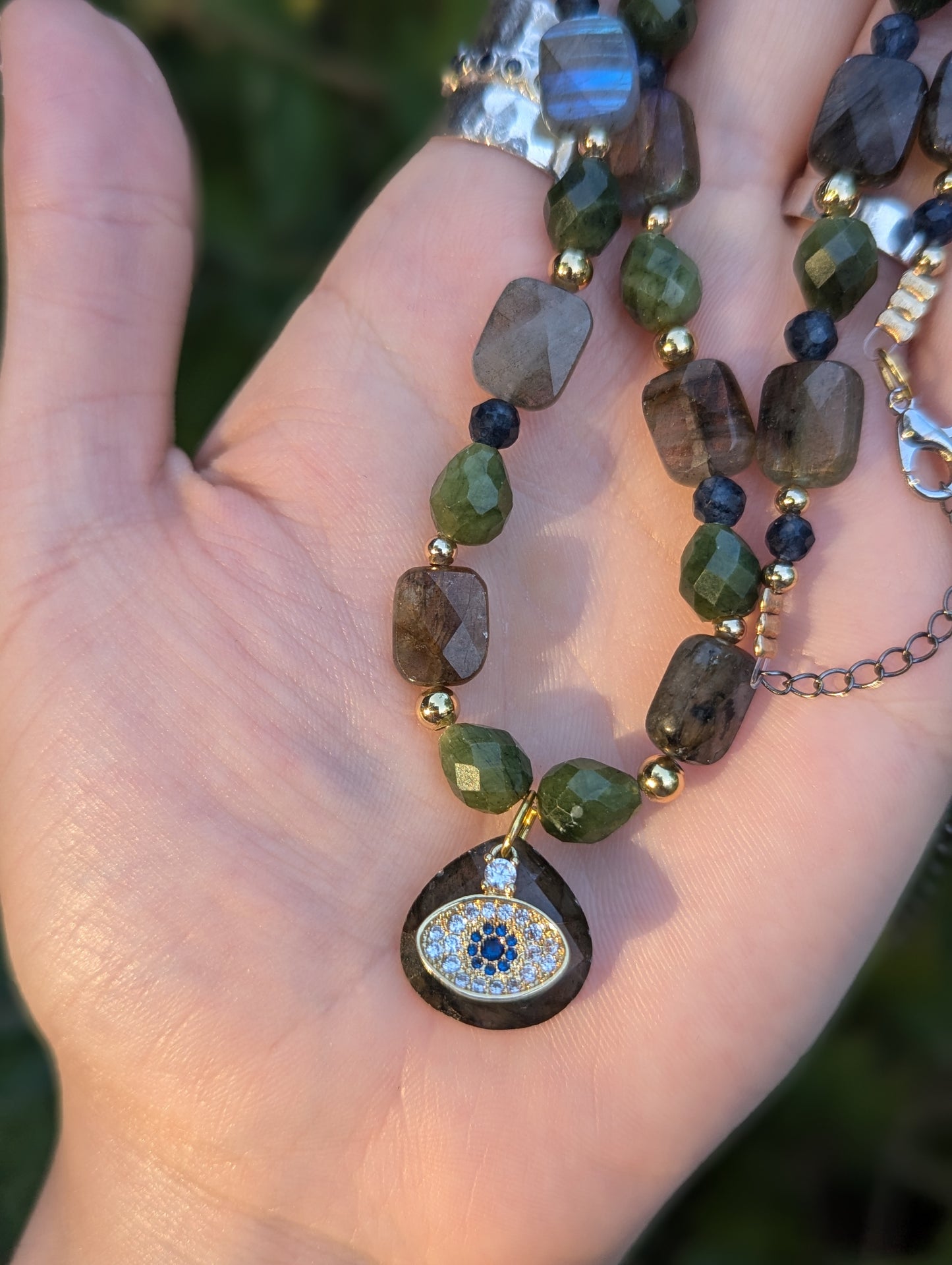 Gold Plated Evil Eye, Labradorite and Jasper Gemstones Beaded Necklace