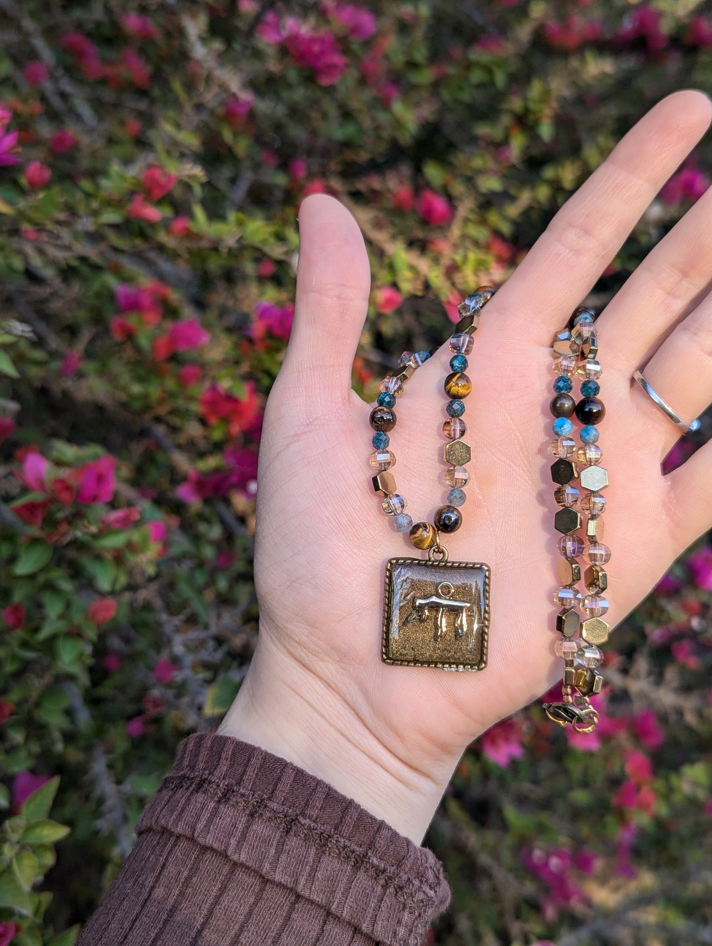 Israel Encapsulated: Gold Chai Cushion Resin Pendant with White and Purple Flowers