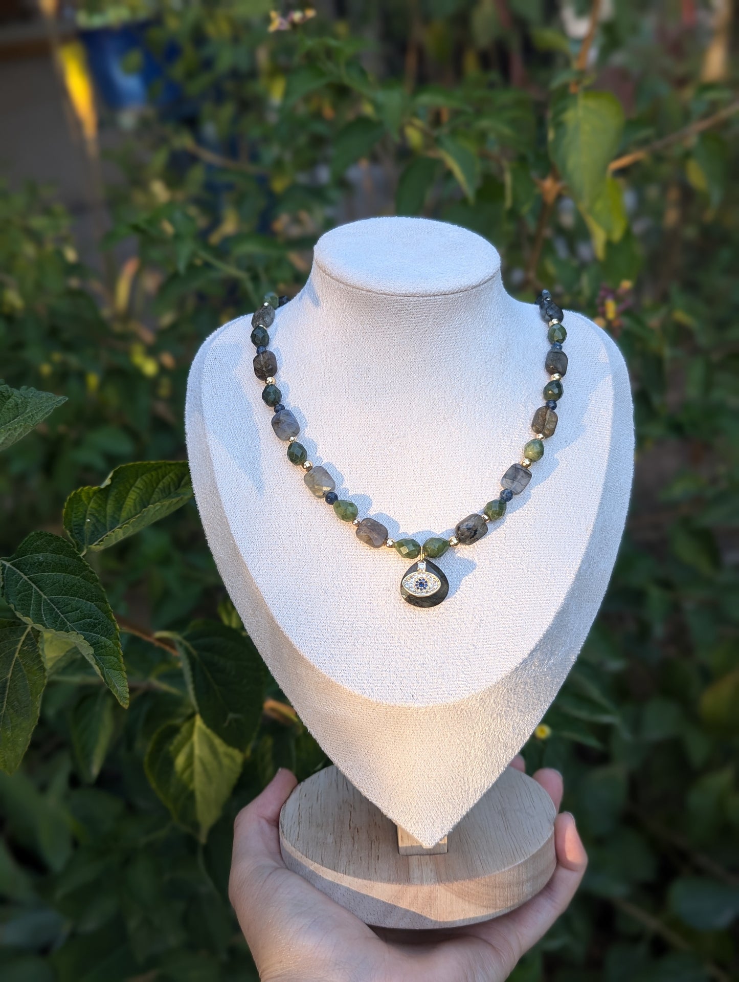 Gold Plated Evil Eye, Labradorite and Jasper Gemstones Beaded Necklace