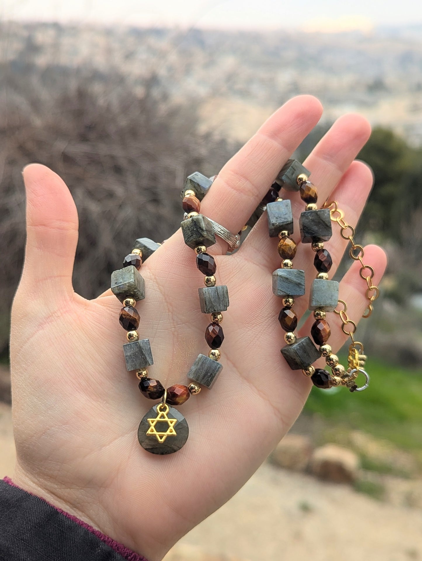 Labradorite Cubes and Tiger's Eye Star of David Necklace