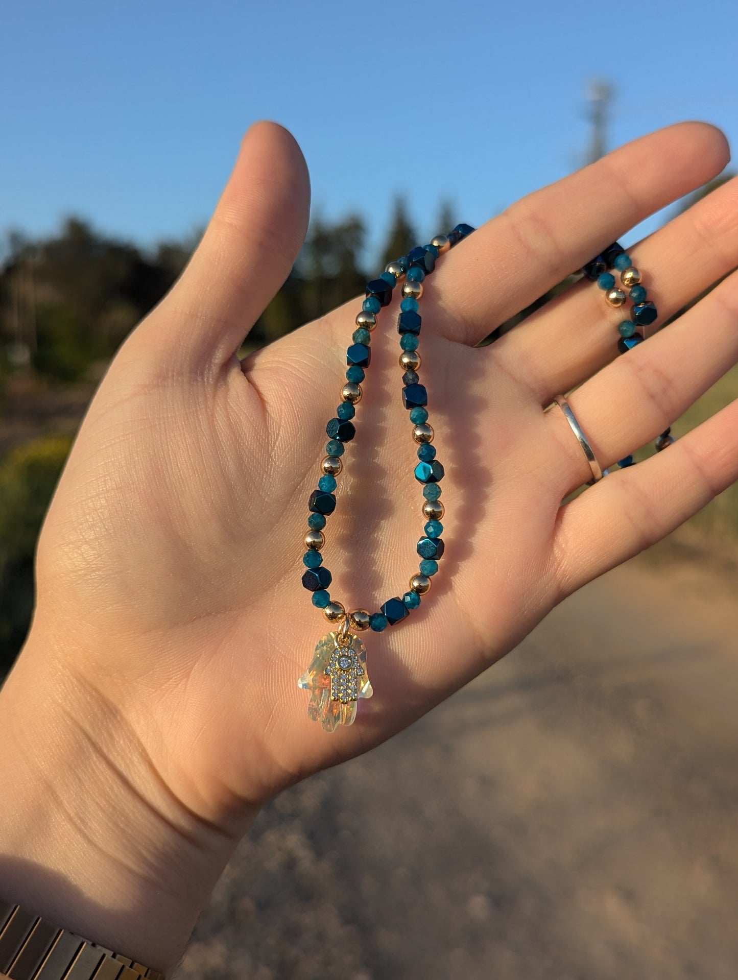 Glass and Gold Zirconia Hamsa with Apatite Gemstone Beads