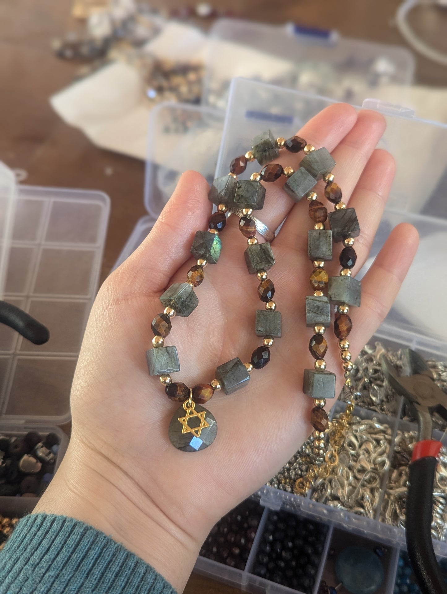 Labradorite Cubes and Tiger's Eye Star of David Necklace