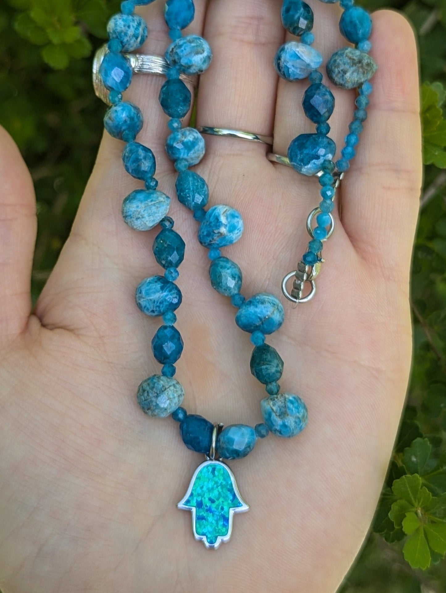 Apatite Gemstones Necklace with Blue Opal Styled Hamsa