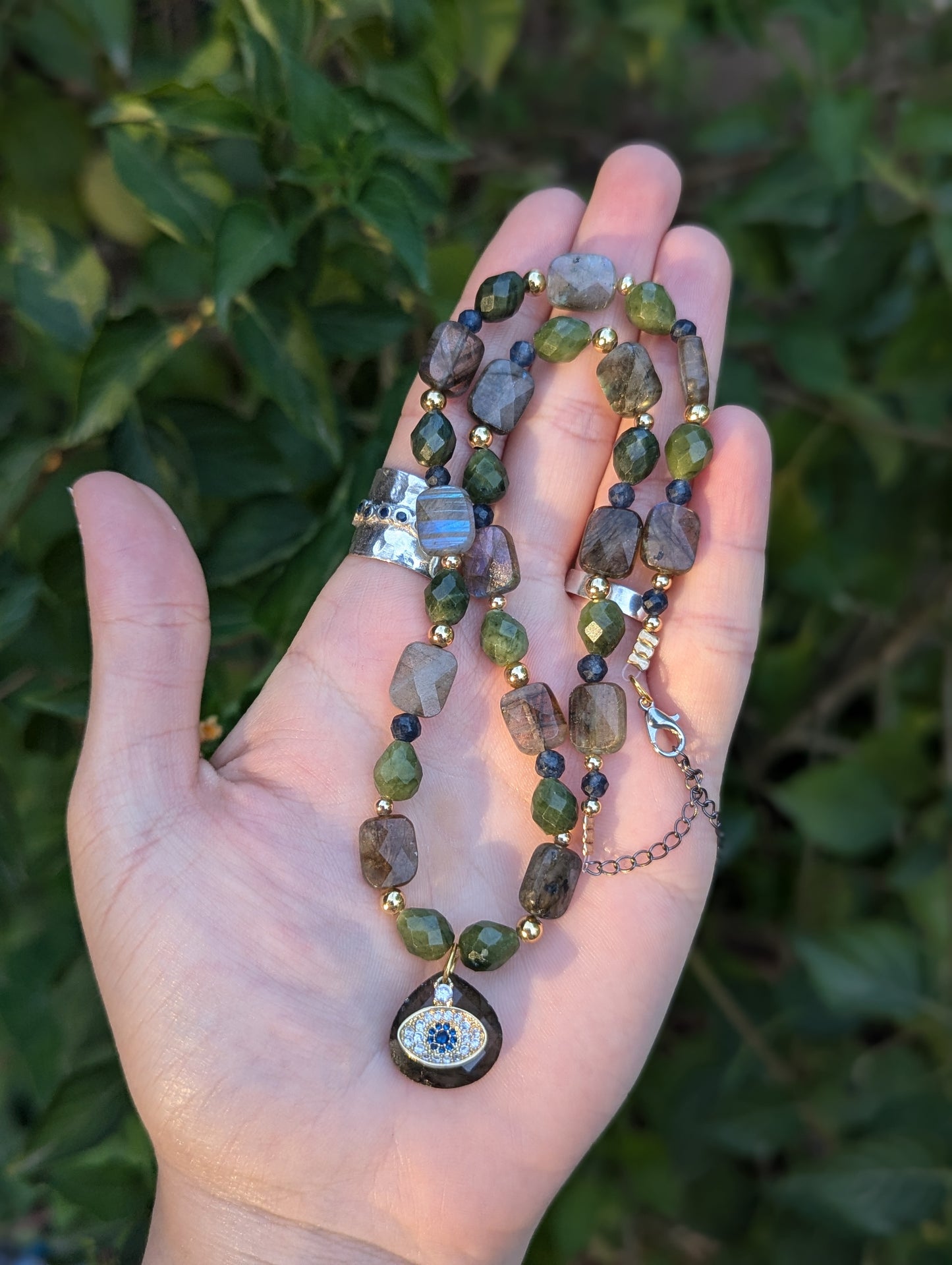 Gold Plated Evil Eye, Labradorite and Jasper Gemstones Beaded Necklace