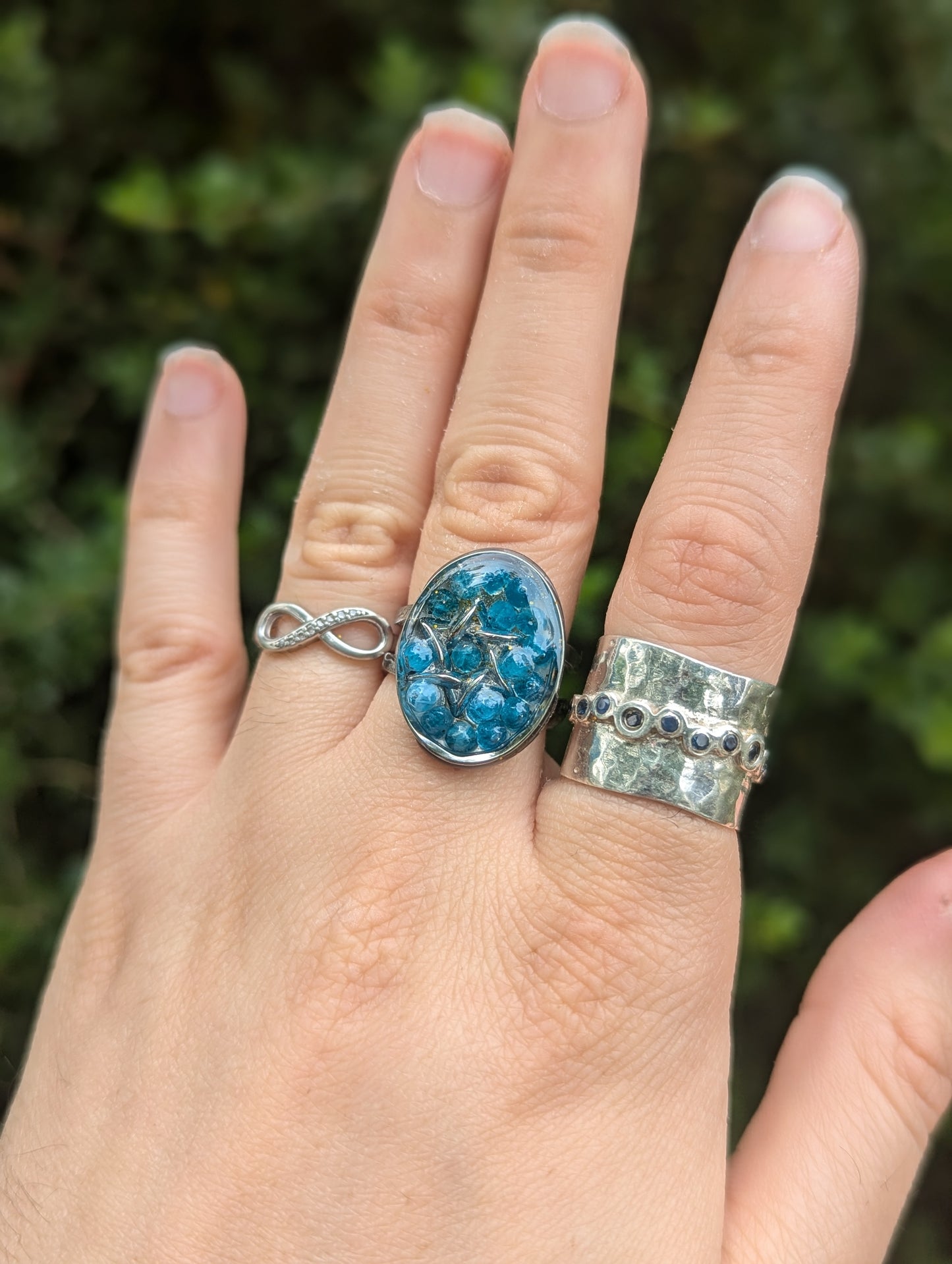 Sterling Silver Magen David, Stainless Steel Ring with Apatite Blue Gemstones