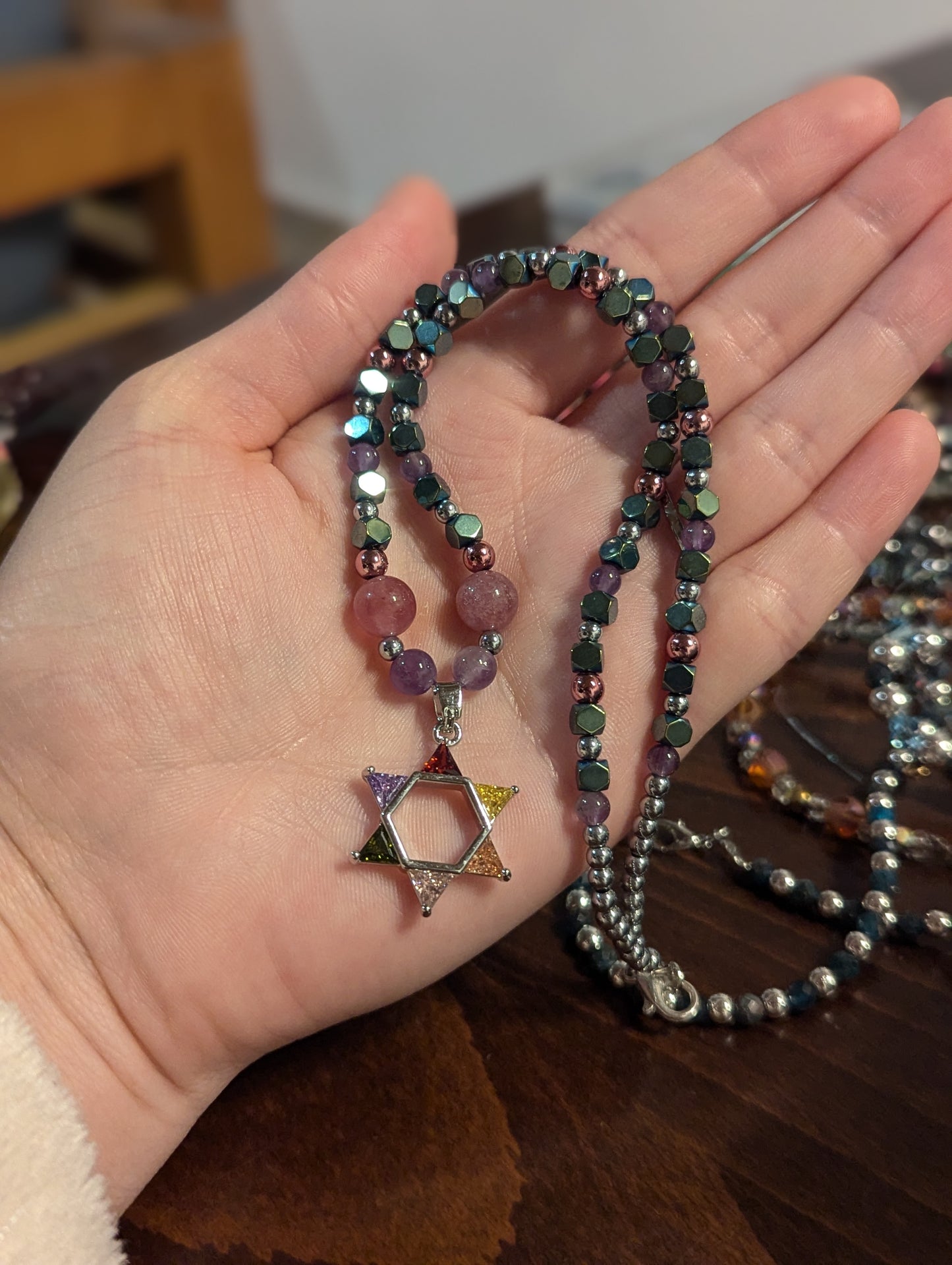 Colorful Zirconia Magen David with Amethyst and Strawberry Quartz