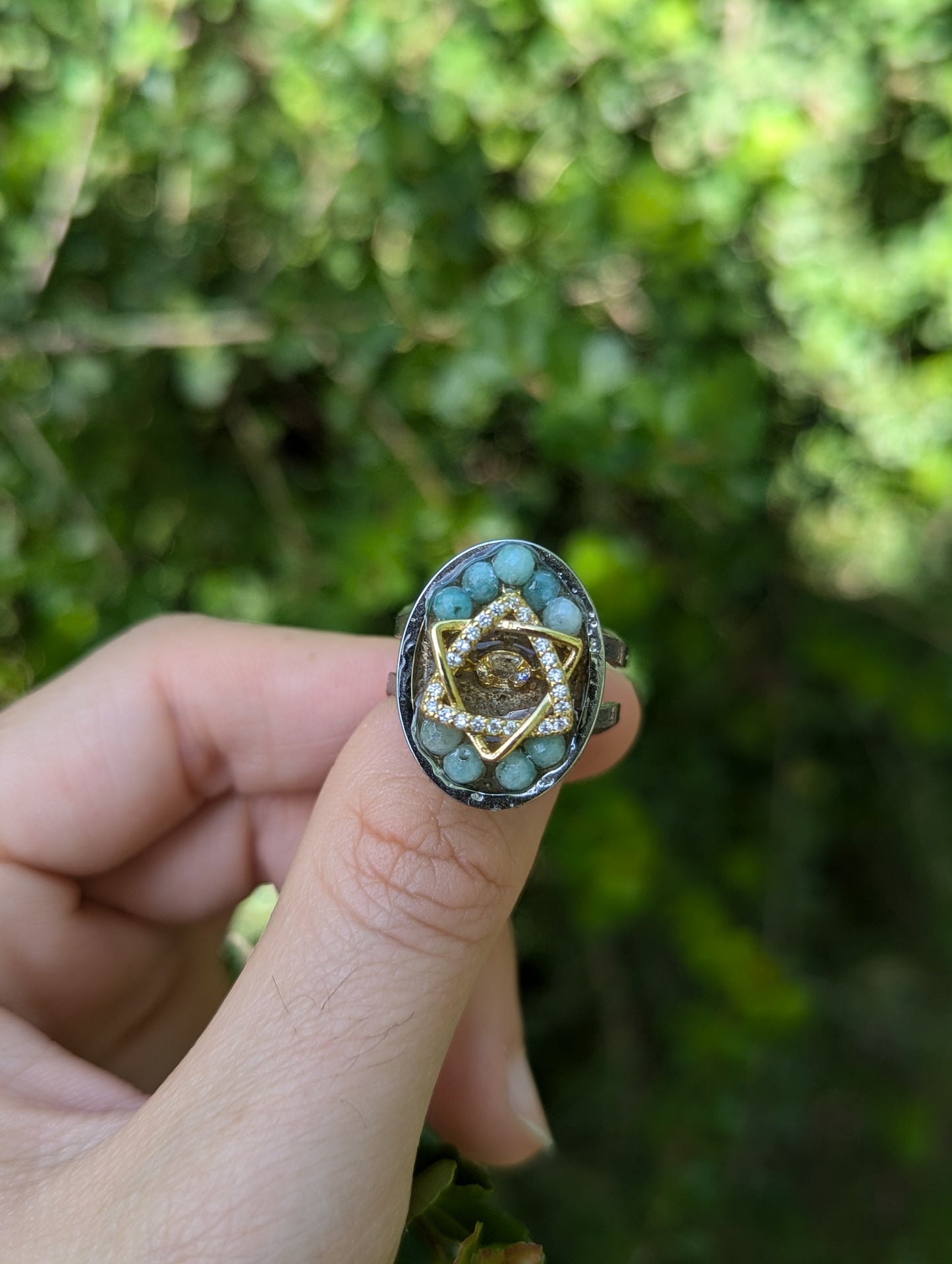 Zirconia Golden Magen David Amazonite and Israeli Sand Adjustable Ring