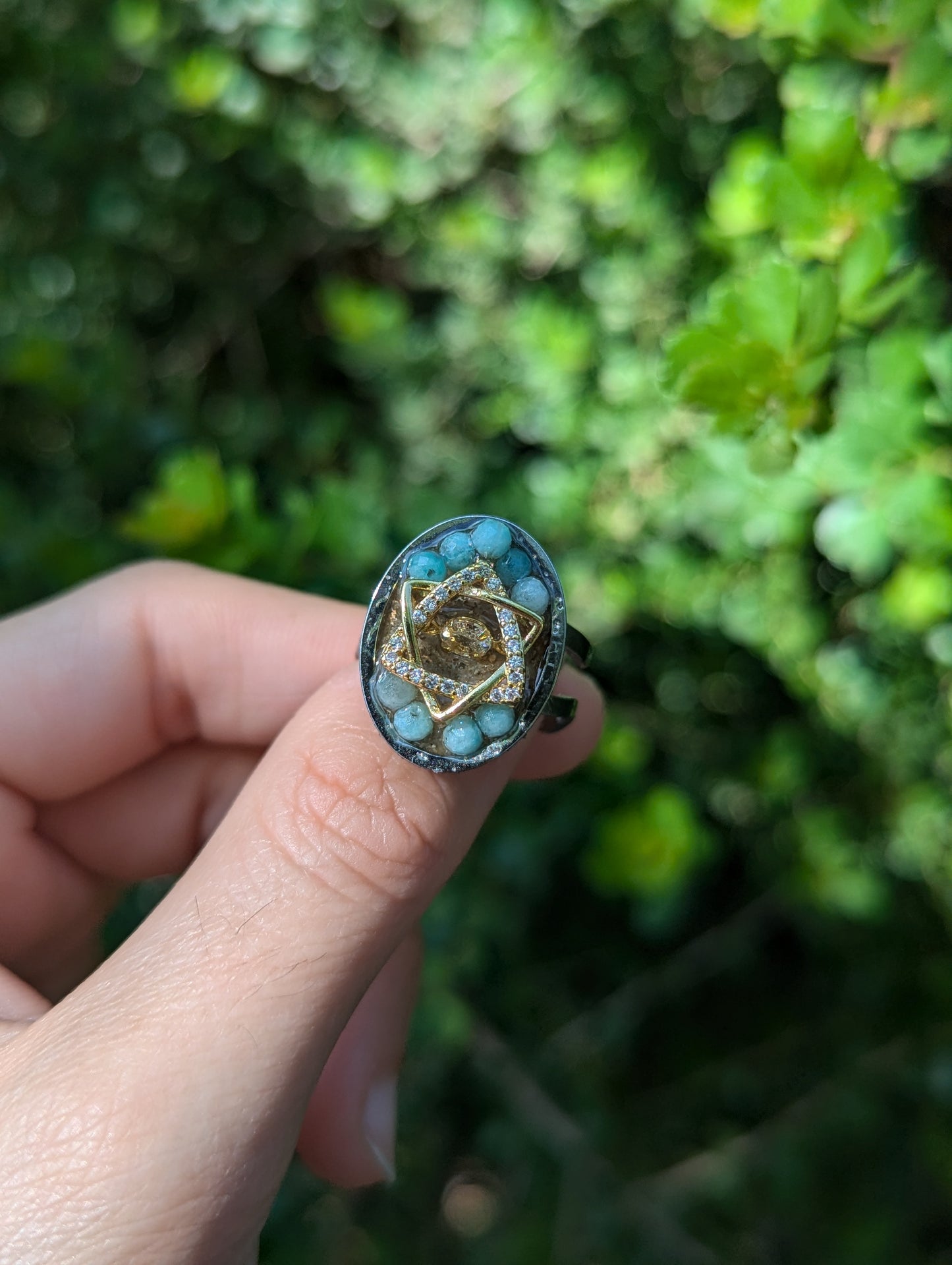 Zirconia Golden Magen David Amazonite and Israeli Sand Adjustable Ring
