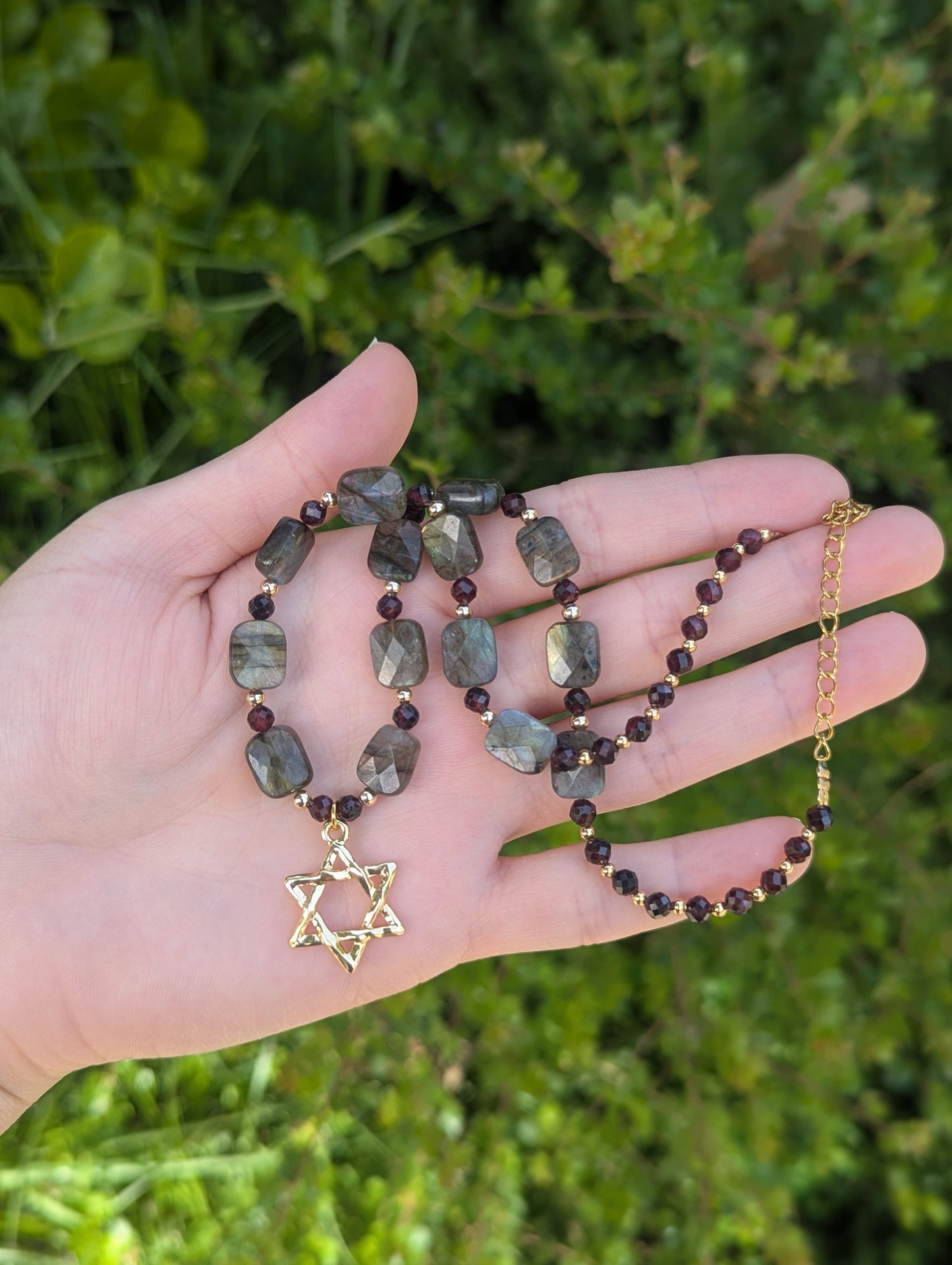 Mesmerizing Garnet and Labradorite Gemstones with a Gold Plated Star of David