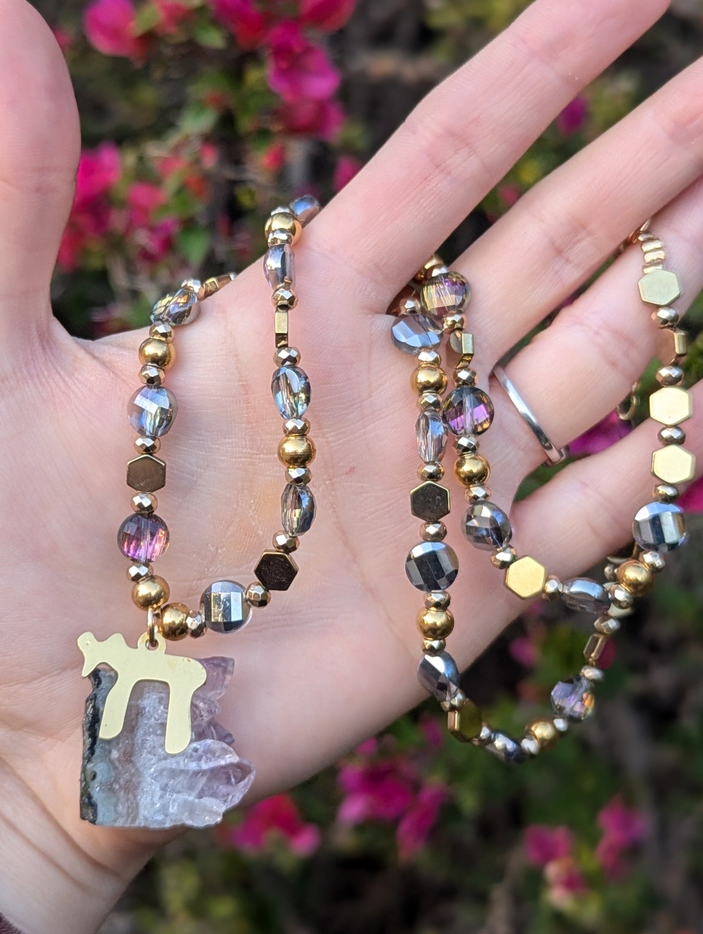 Gold Chai and Amethyst Cluster Long Beaded Necklace