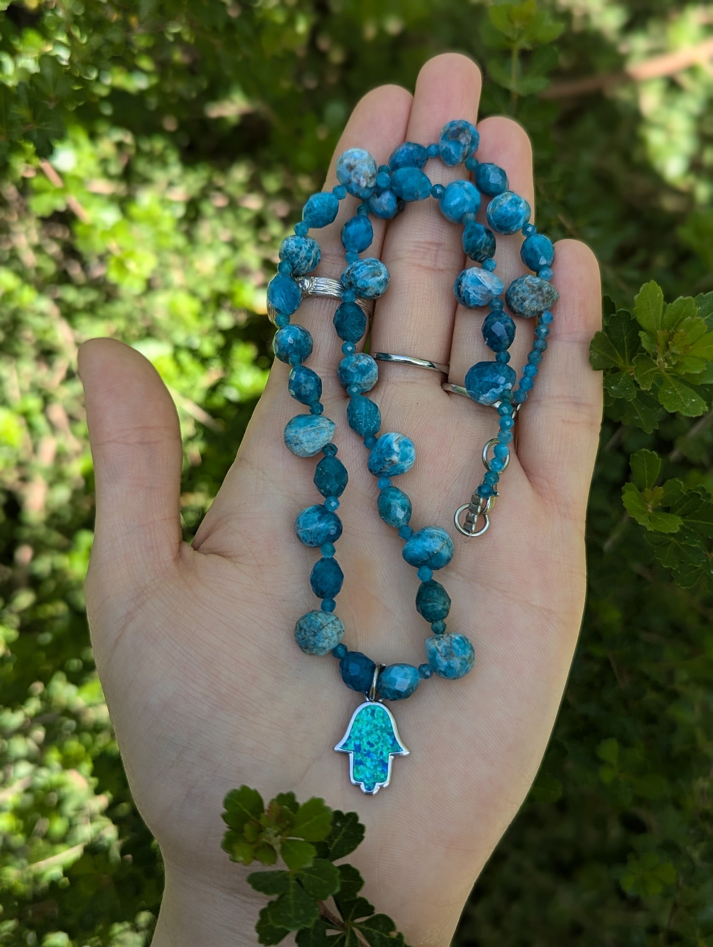 Apatite Gemstones Necklace with Blue Opal Styled Hamsa
