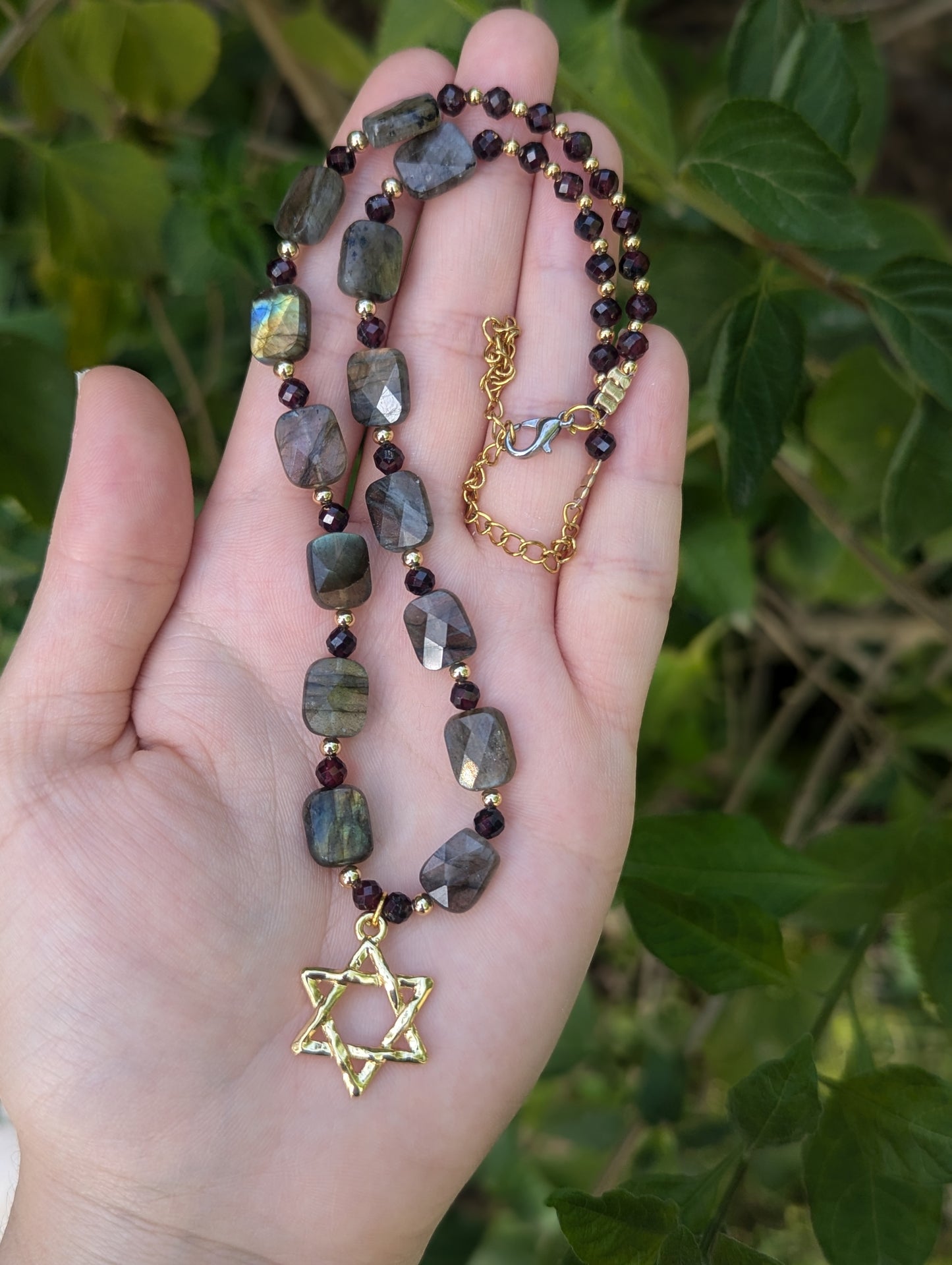 Mesmerizing Garnet and Labradorite Gemstones with a Gold Plated Star of David