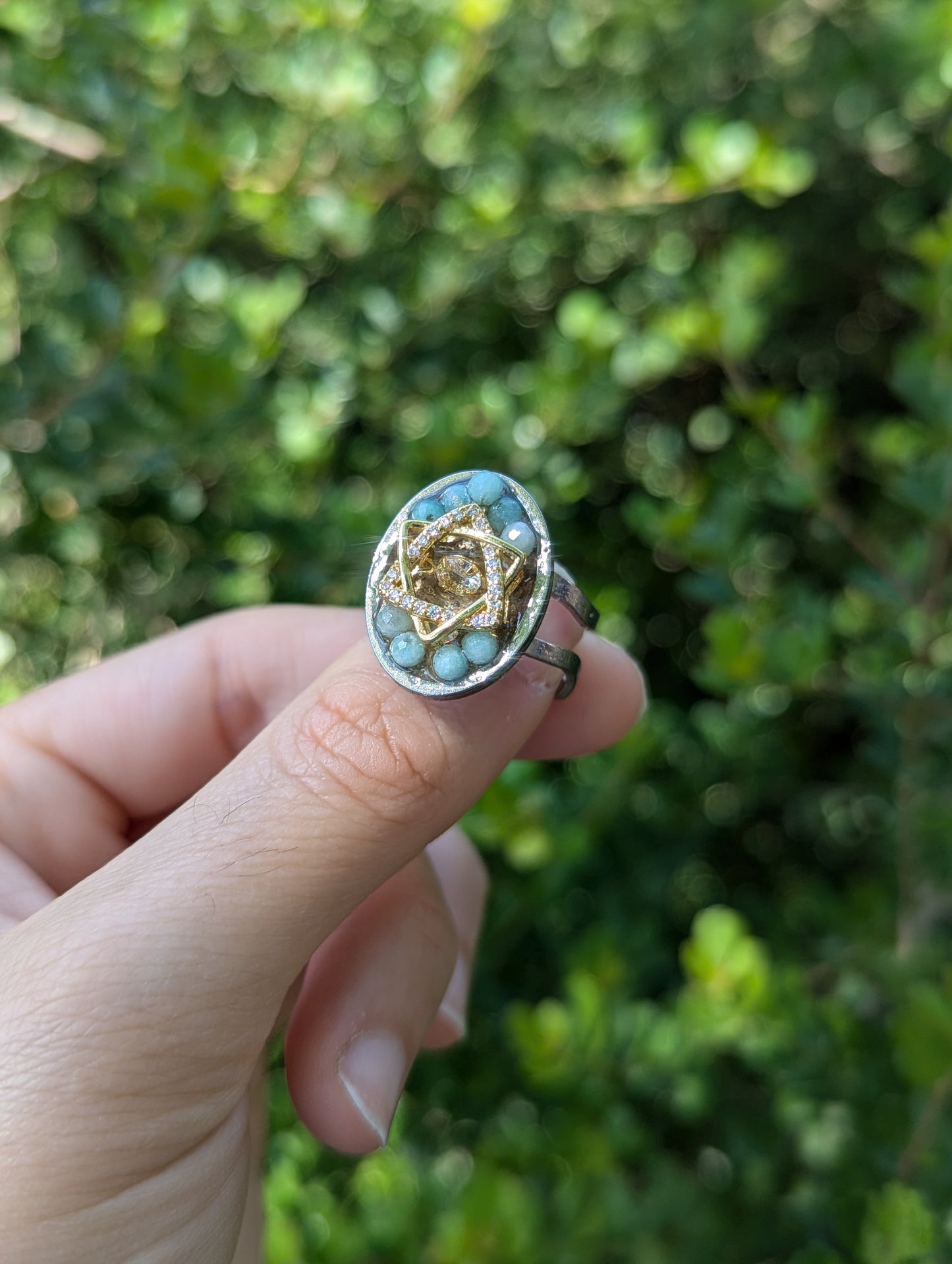 Zirconia Golden Magen David Amazonite and Israeli Sand Adjustable Ring