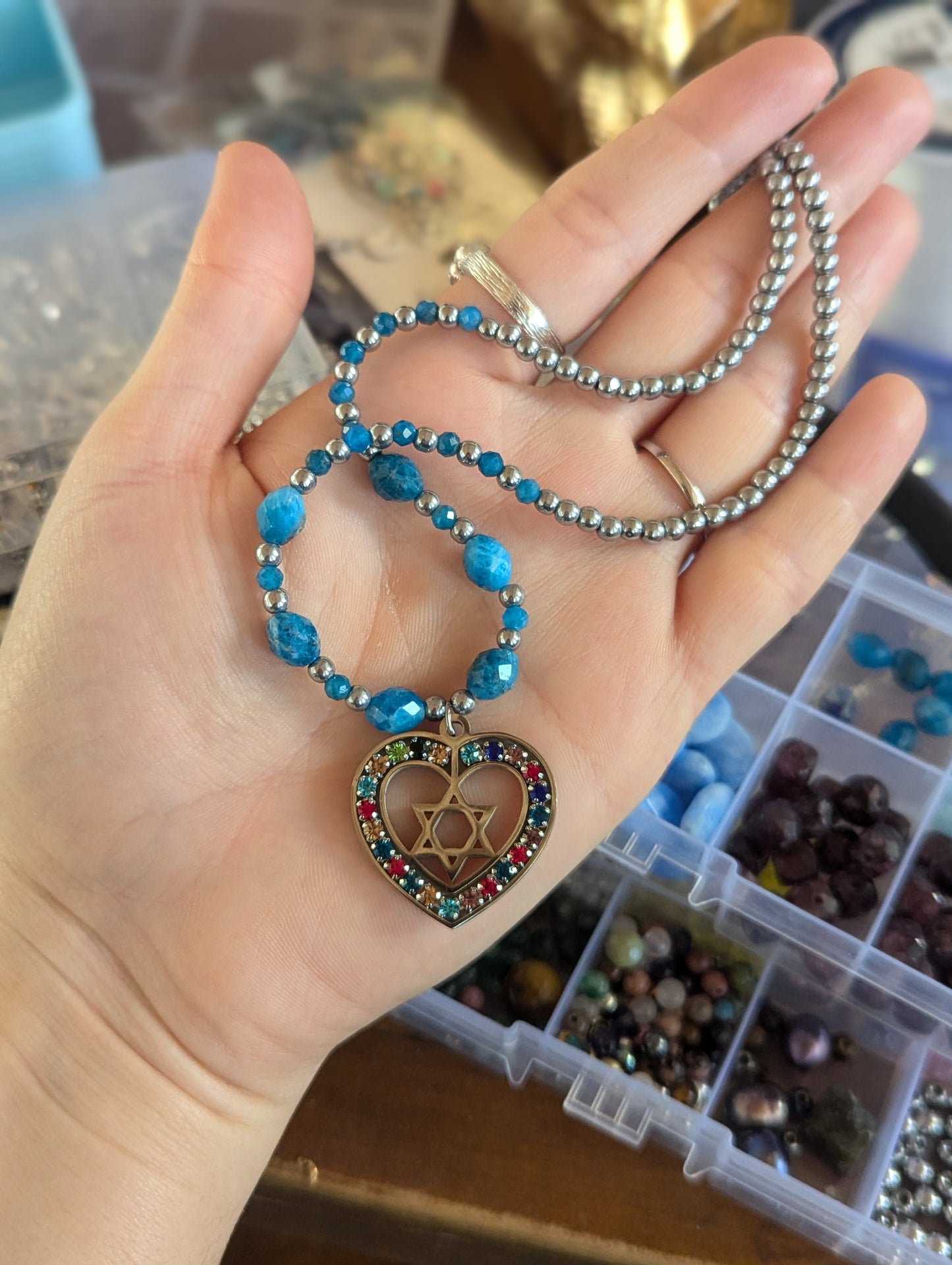 Colorful Heart Star of David with Blue Apatite