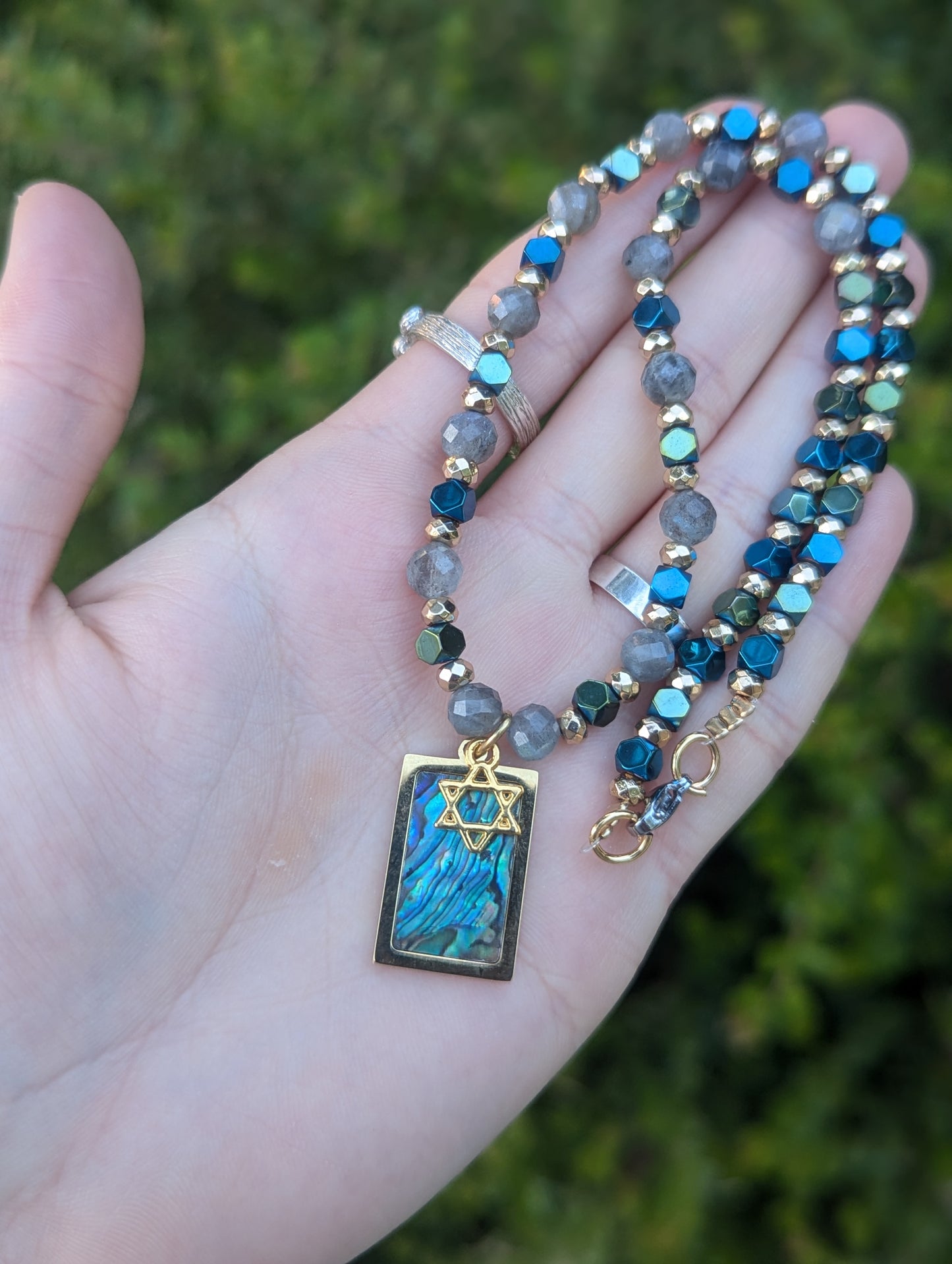 Abalone Shell Gold Plated Magen David and Labradorite Gemstones